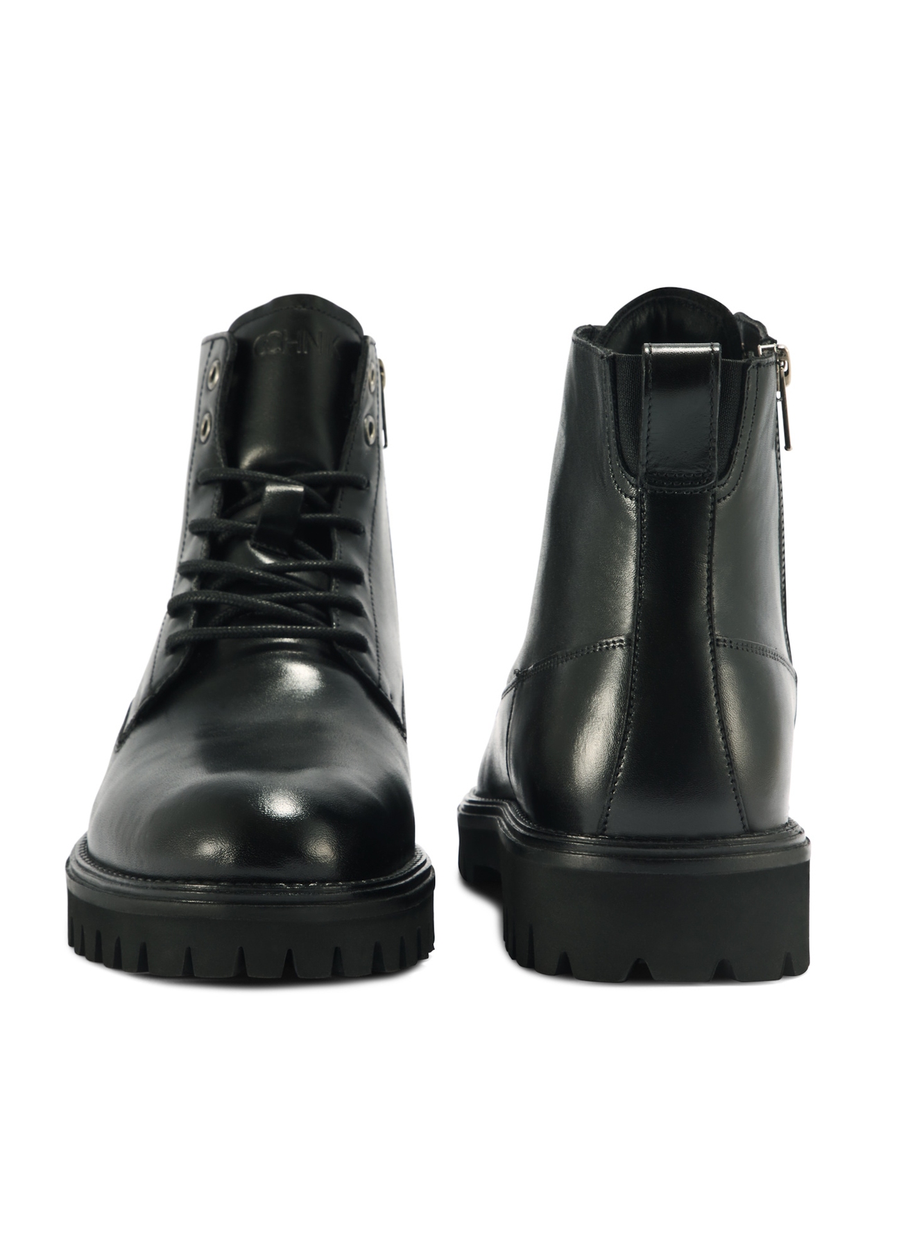Men's black leather ankle boots BUTYM-0507-99(Z25), front and back view of the product on a white background.