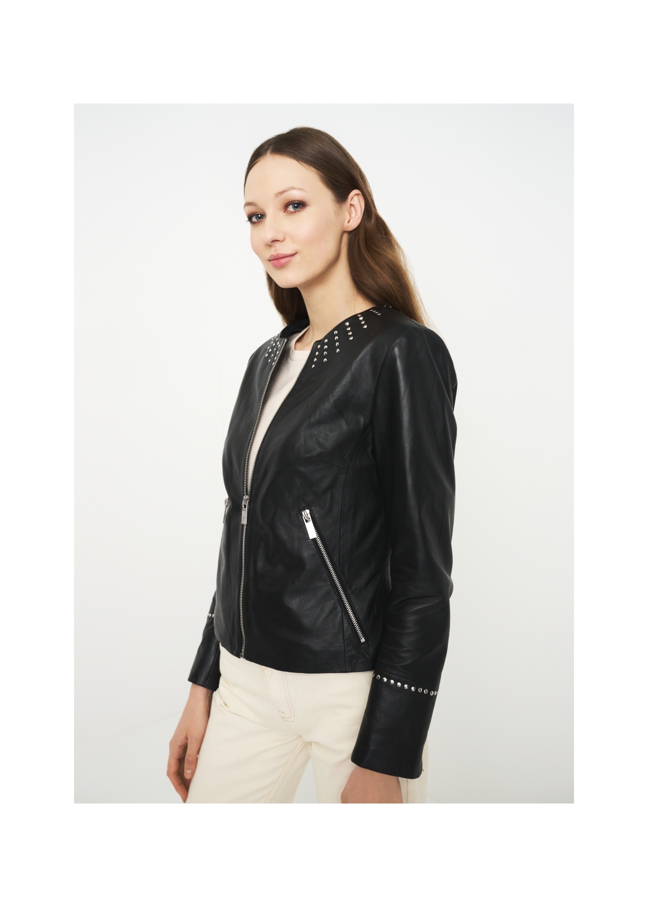 Women's leather jacket with rhinestones KURDS-0356-5339(W22)-03