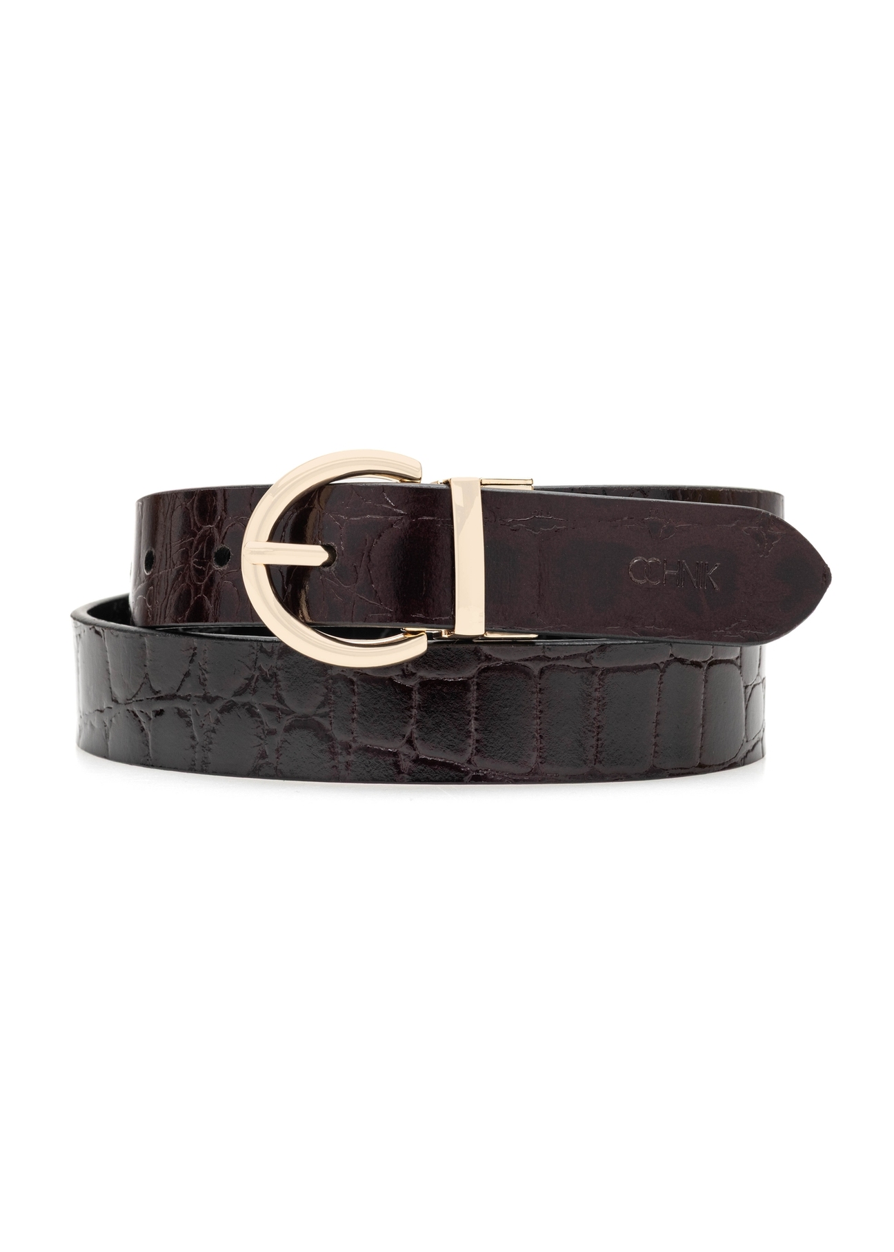 Double-sided croco women's leather belt PASDS-0332-49(Z25), product view from the front on a white background.