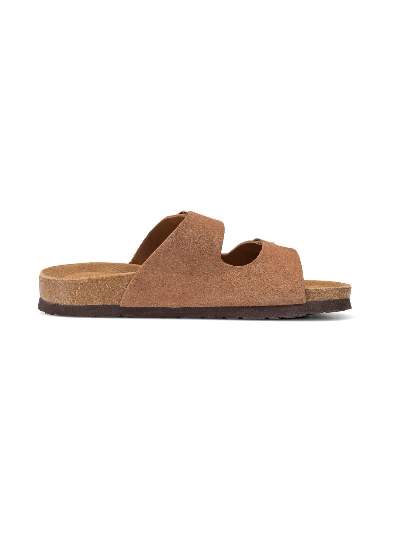 Women's leather camel flip-flops BUTYD-1158-1D(W26), side view of the product on a white background.