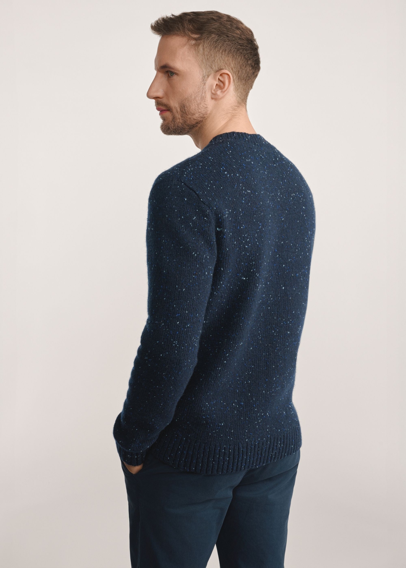 Navy blue men's wool sweater SWEMT-0173-7E(Z26), product view from the back on the model, the whole silhouette is visible.
