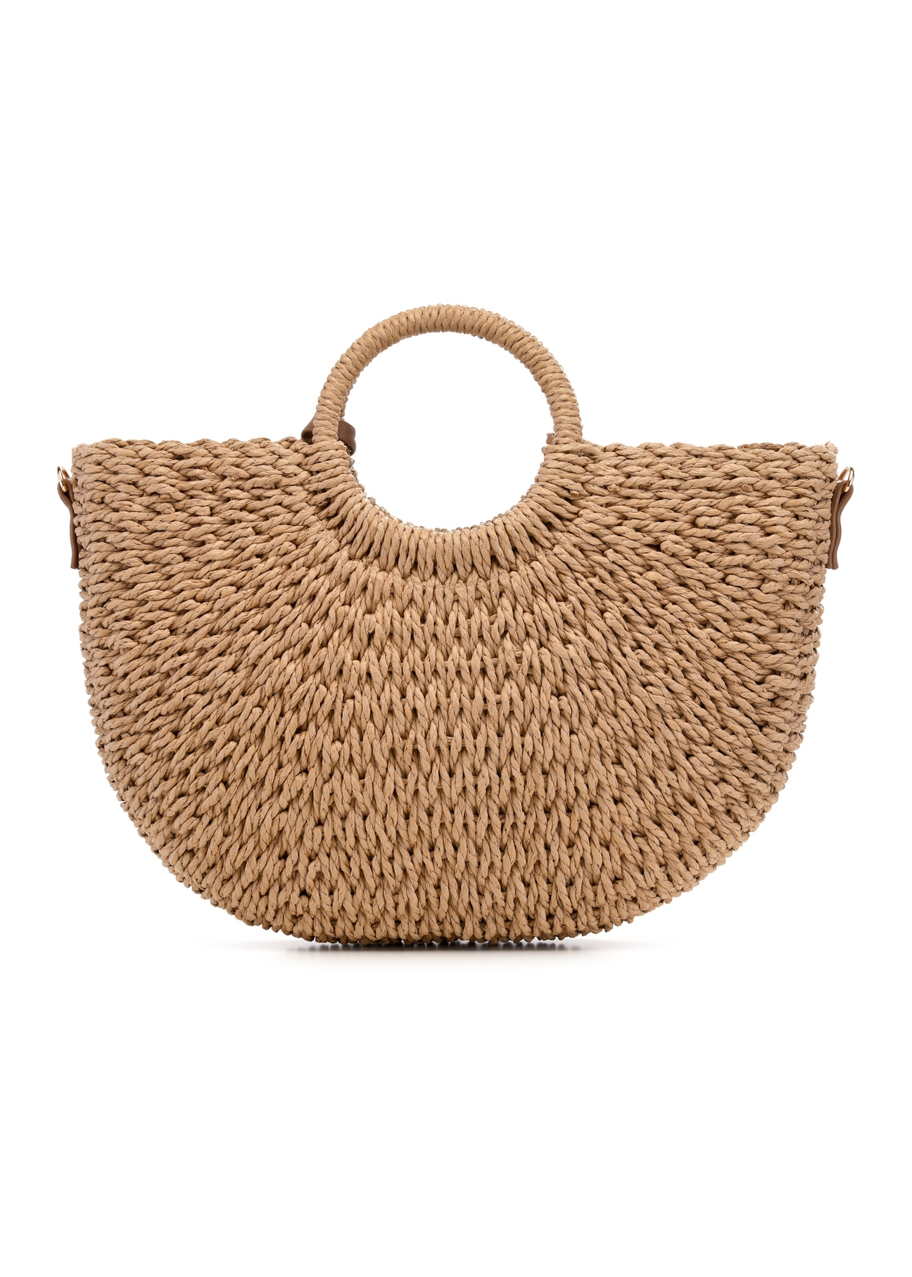 Semi-circular beige woven handbag TOREC-0940-1E(W26), back view of the product on a white background.
