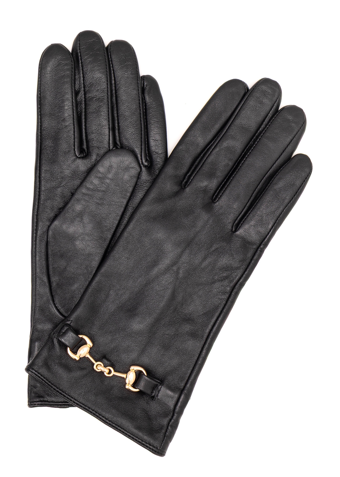 Women's black leather gloves with buckle REKDS-0087-99(Z25), front product view on white background.