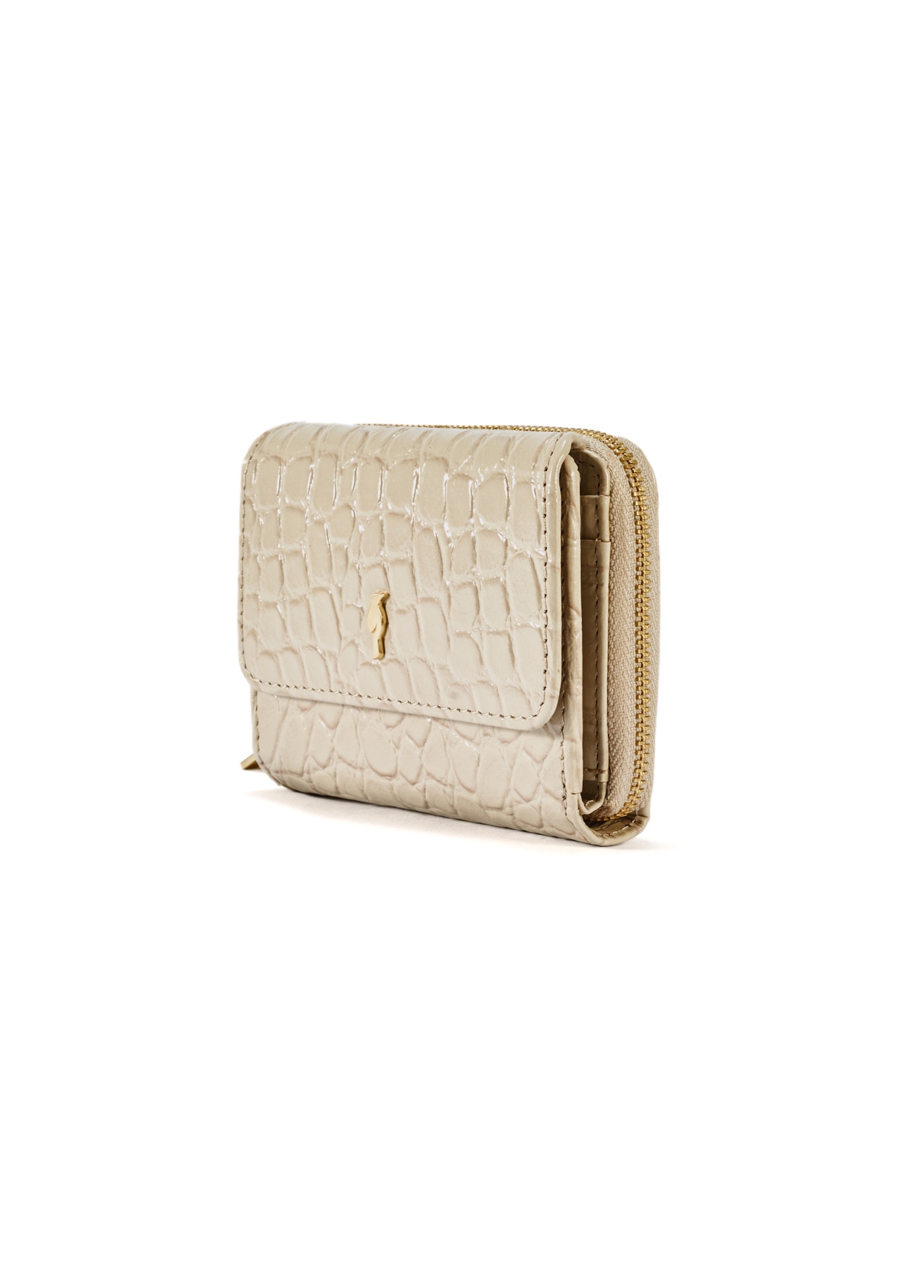 Small leather cream women's croco wallet PORES-0957-12(W25) diagonal view on white background.