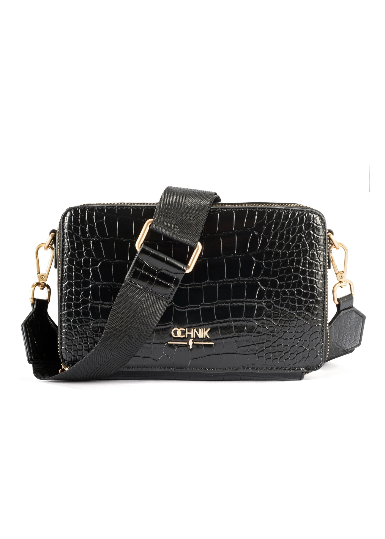 Black small women's croco handbag TOREC-1049-99(Z25), product view from the front on a white background.