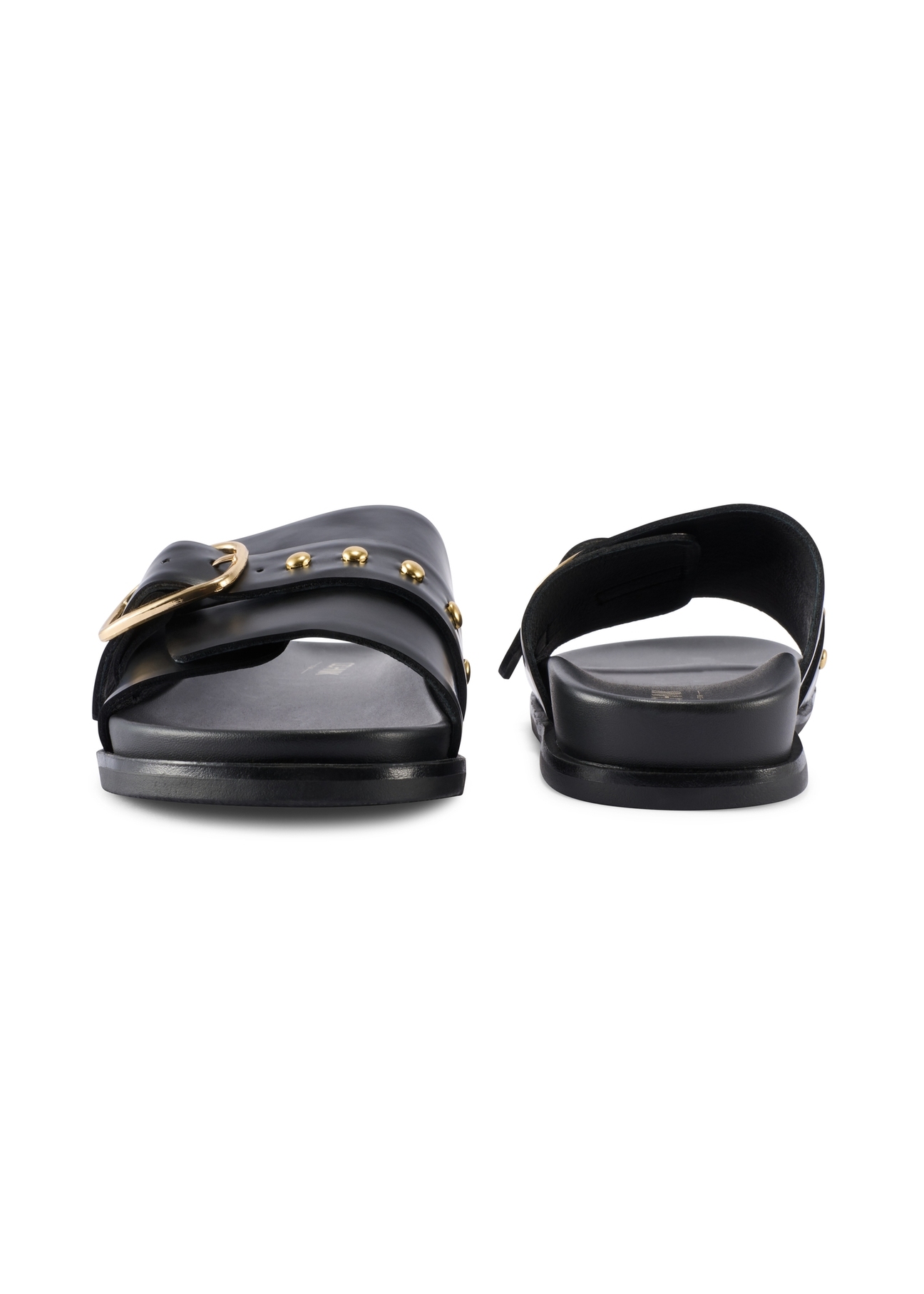 Black leather women's flip-flops BUTYD-1269-99(W26), front and back product view on white background.
