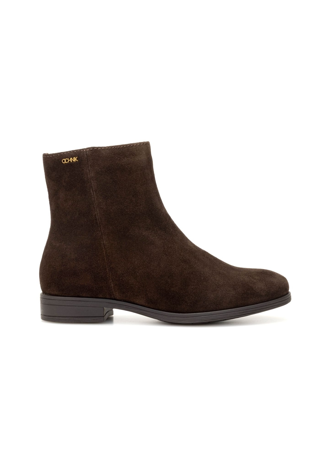 Dark brown suede women's ankle boots BUTYD-1193-1I(Z26), product view from the side on a white background.