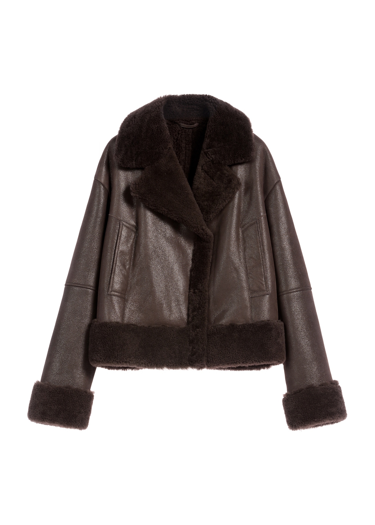 Women's brown leather sheepskin coat KOZDS-0096-3099(Z25), front product view on white background.