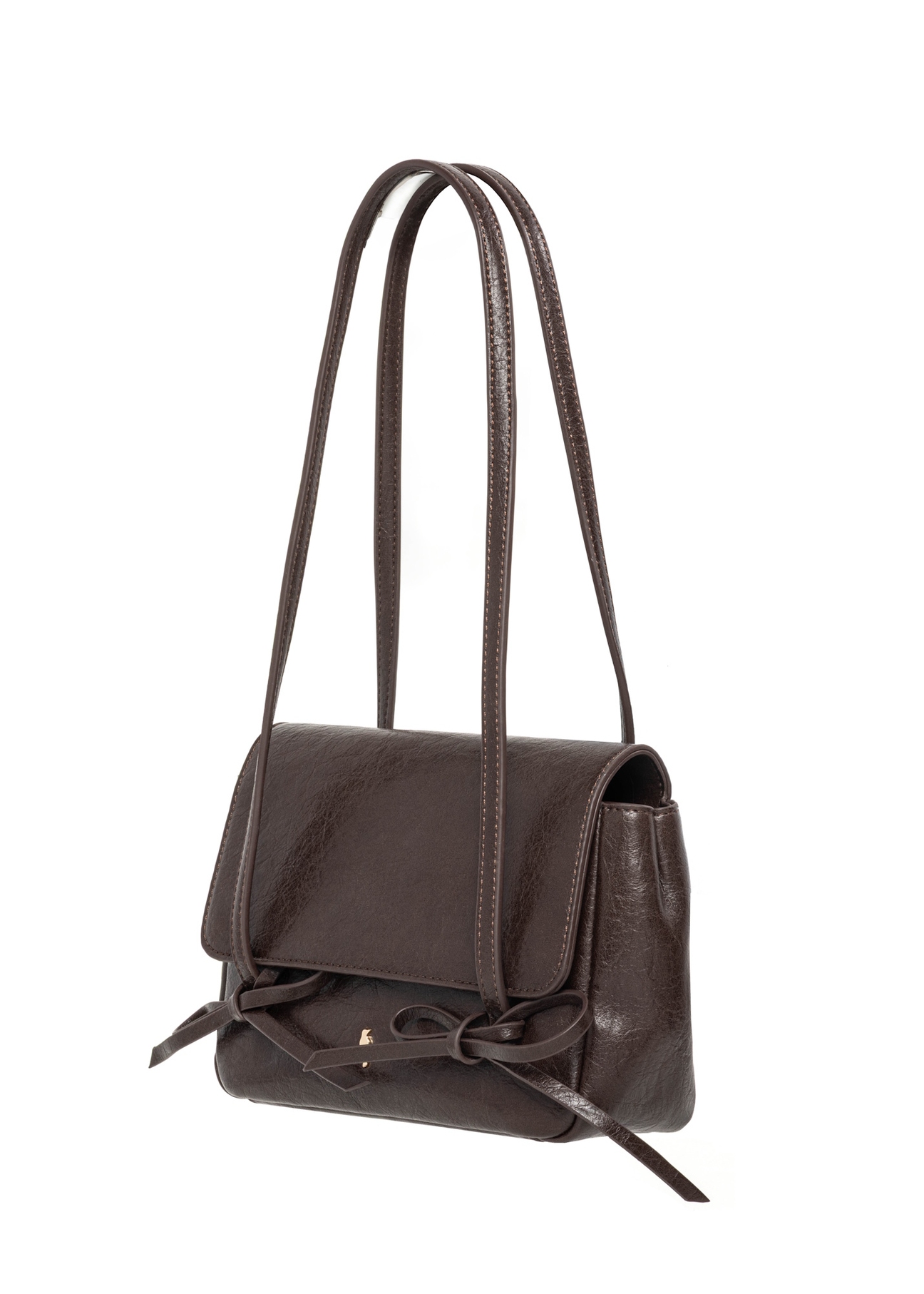 Small brown women's handbag with bows TOREC-1379-1H(Z26), diagonal product view on a white background.