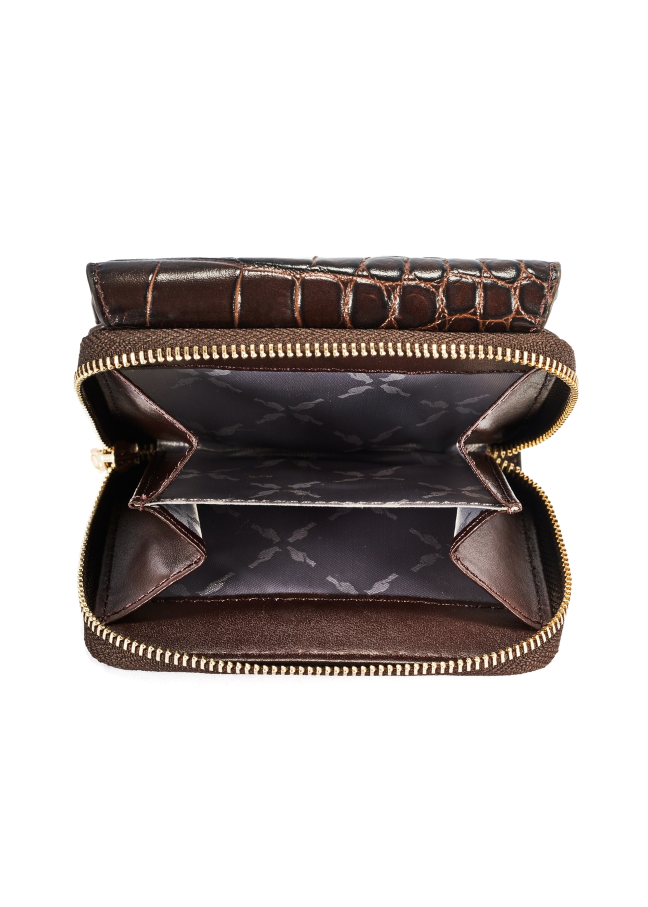 Brown women's croco wallet PORES-0953-89(W25) - top view of the open product on a white background.