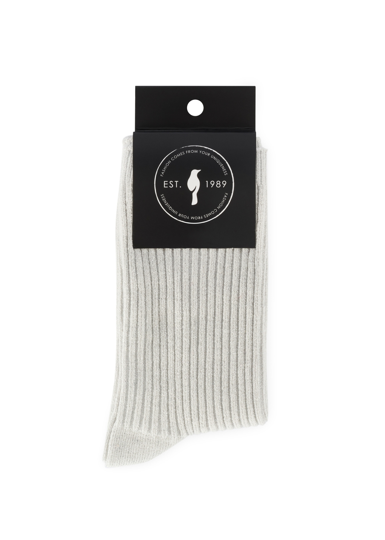 Silver shiny women's socks SKADT-0074-92(Z25), product view in packaging on white background.