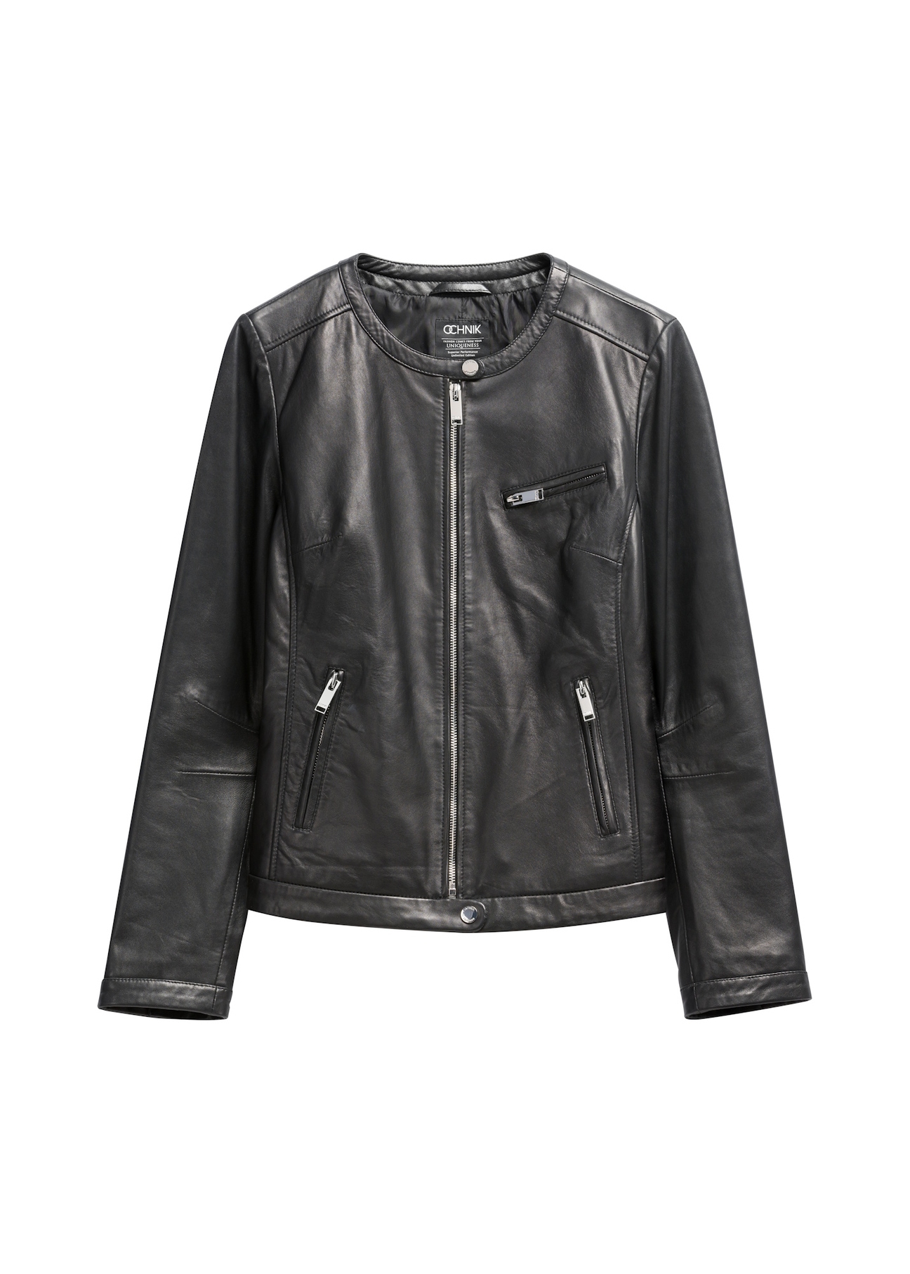 Black women's leather jacket KURDS-0154L-99(W26), front product view on white background.