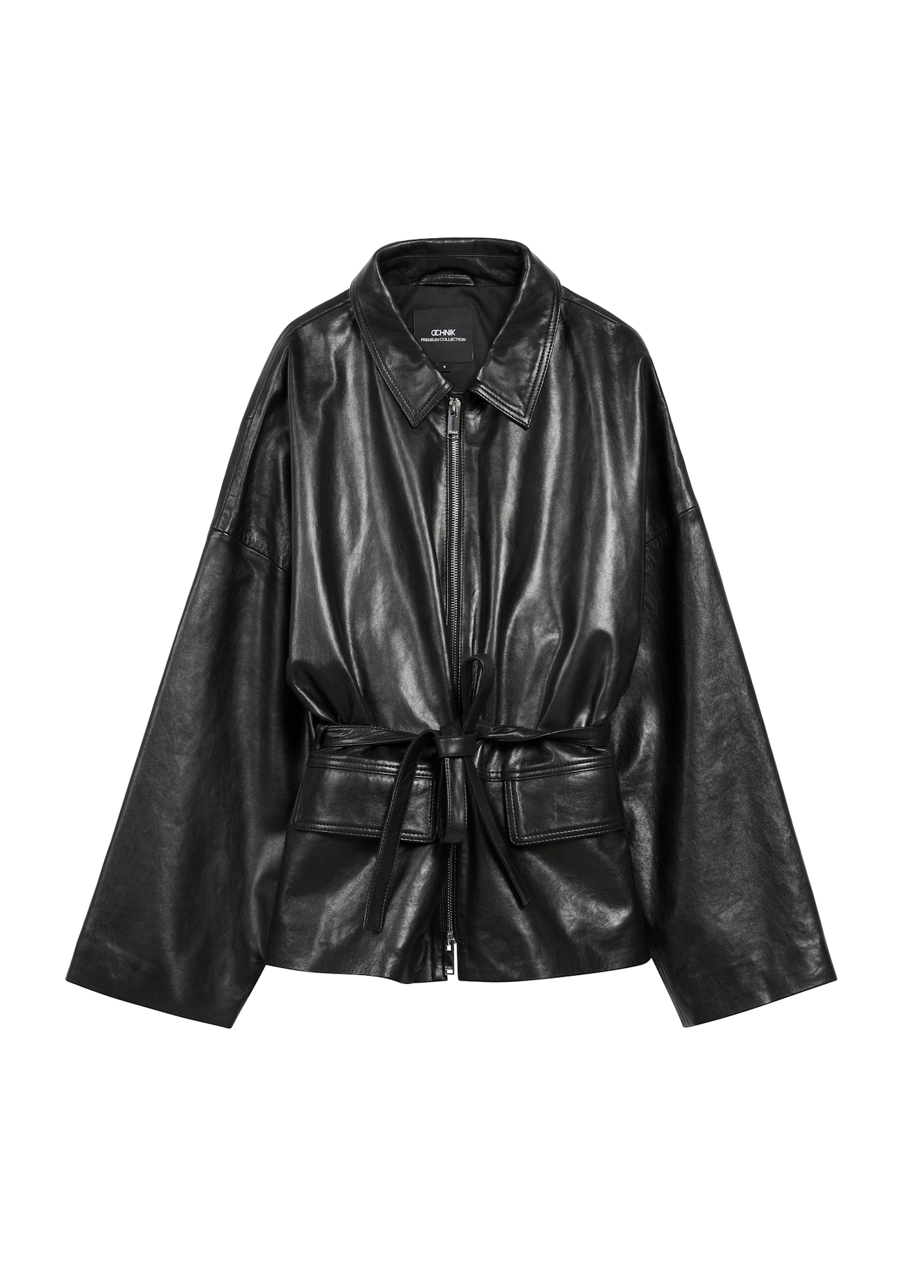 Black women's leather jacket with ties KURDS-0547-2861(Z25), product view from the front on a white background.