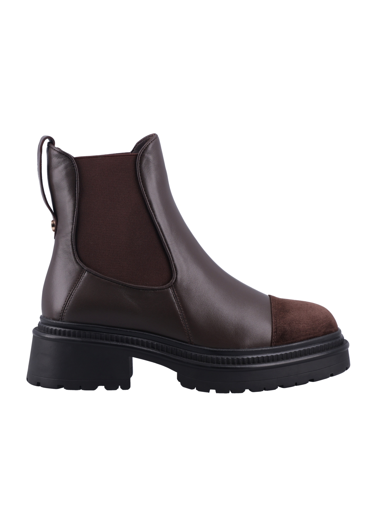 Dark brown women's Chelsea boots BUTYD-1345-1I(Z26), side view of the product on a white background.