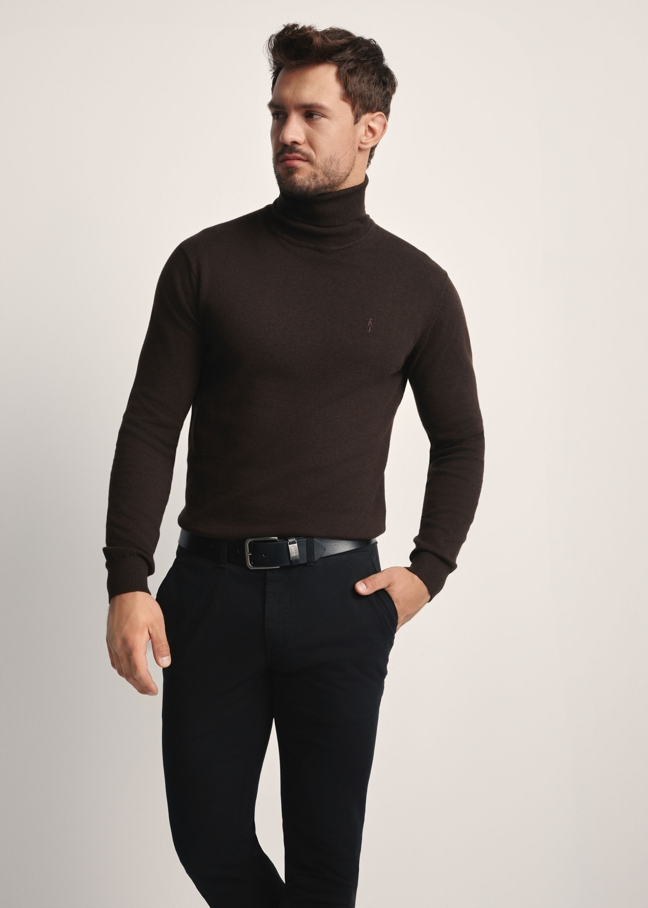 Men's turtleneck sweater in dark brown color SWEMT-0095B-1I(Z26), front view of the product on the model, half of the silhouette visible.