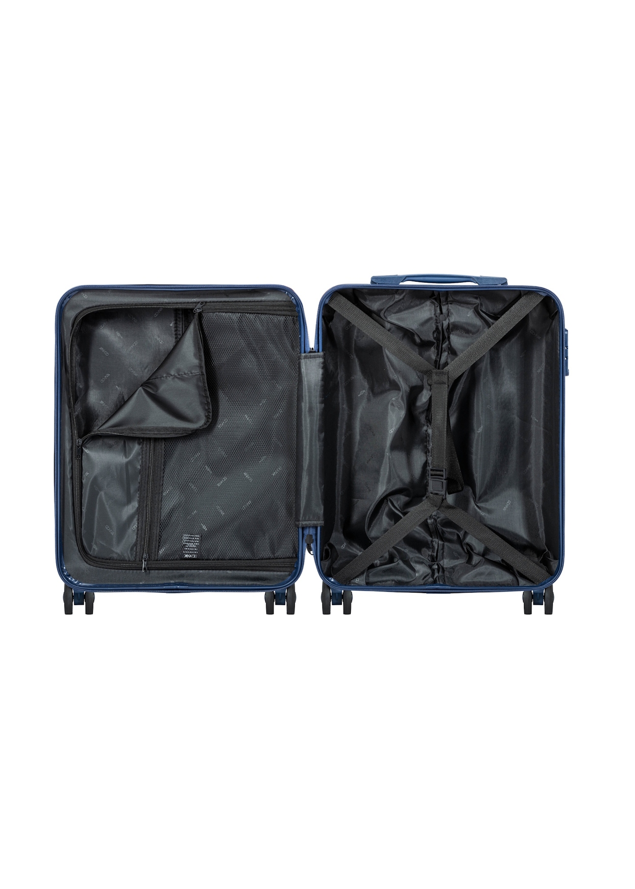 Small suitcase on wheels WALPC-0015-7D-19(W26), product view inside on white background.