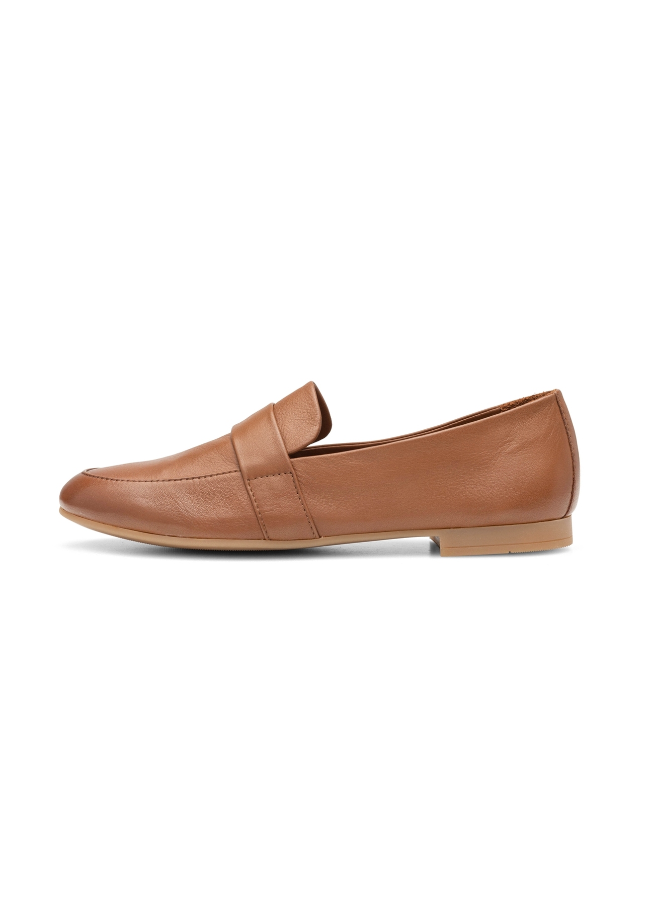 Women's leather moccasins in cognac color BUTYD-1074A-1F(W26), side view of the product on a white background.