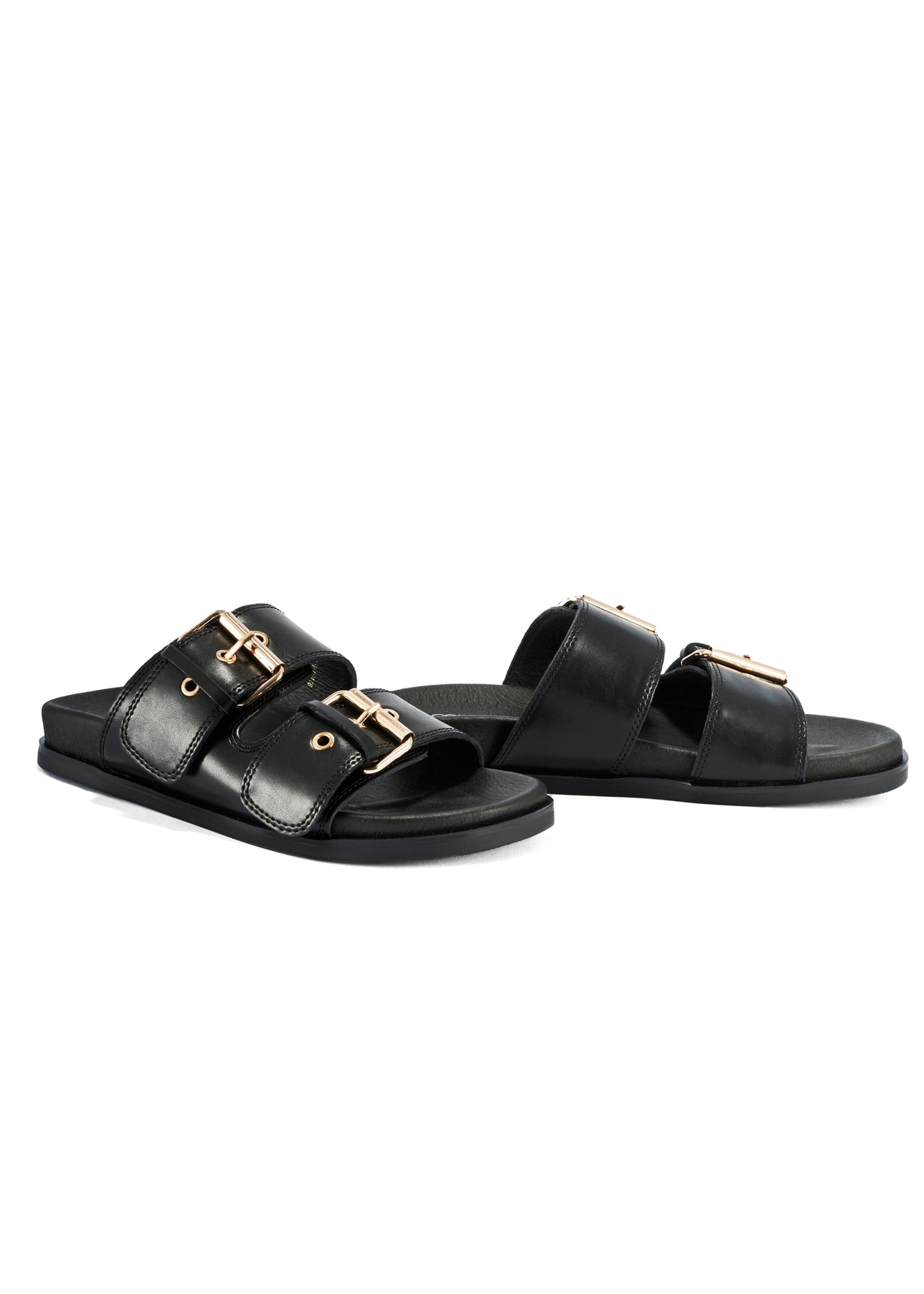 Black women's leather flip-flops BUTYD-1161-99(W25), product visible diagonally on a white background.