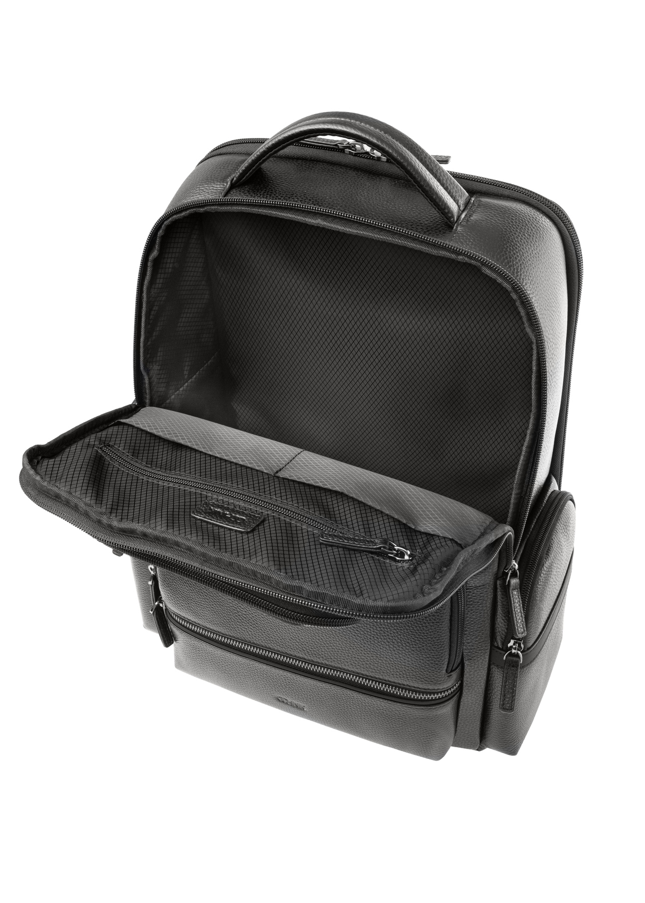 Black spacious men's backpack PLCMS-0022-99(Z25), close-up of the center of the product, view on a white background.