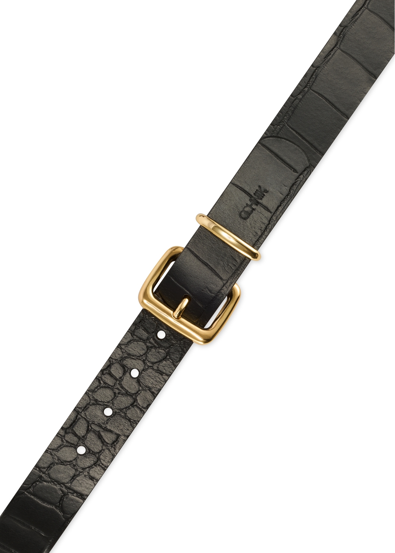 Black croco women's leather belt PASDS-0312A-97(Z25), view of the clasp of the product on a white background.
