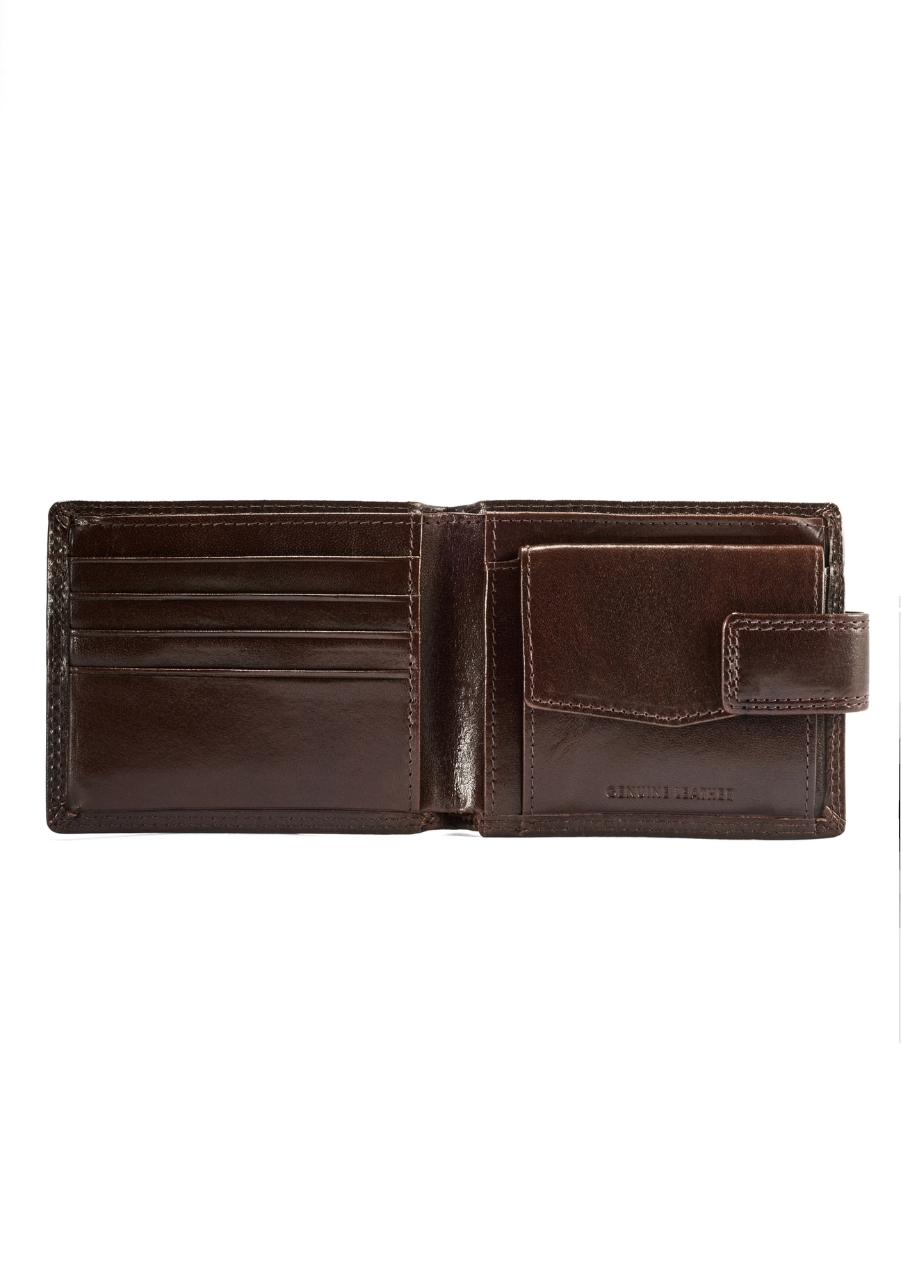 Chocolate colored men's leather wallet PL-105-89(KS) - top view of the open product on a white background.