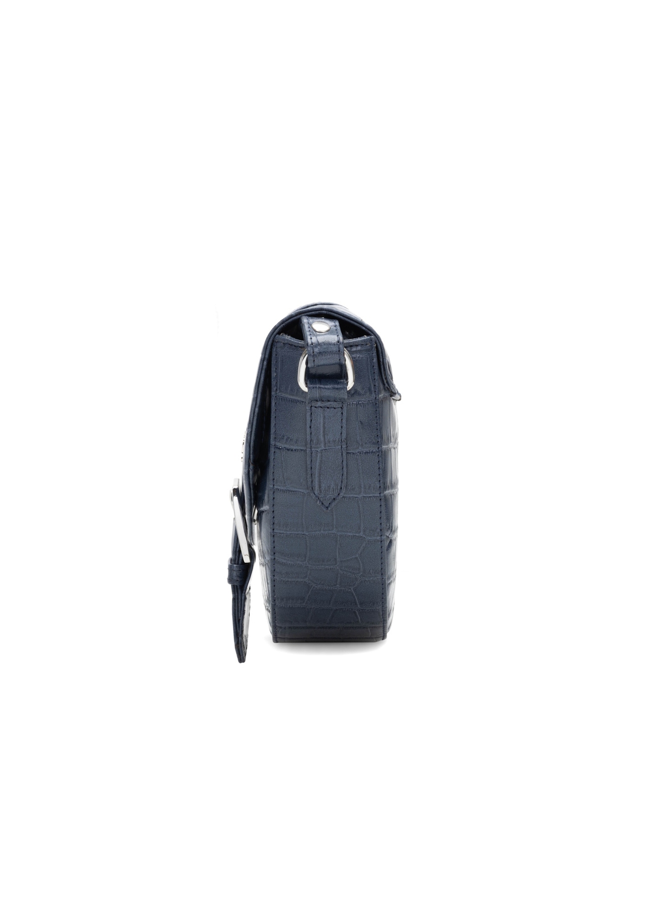 Navy blue croco leather handbag TORES-0707F-7D(W26), side product view on white background.