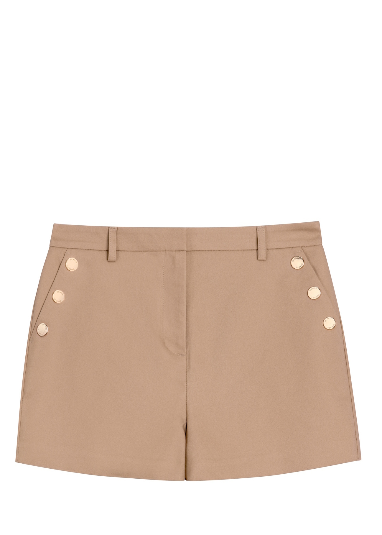 Women's elegant camel shorts SZODT-0018-1D(W26), front product view, on a white background.