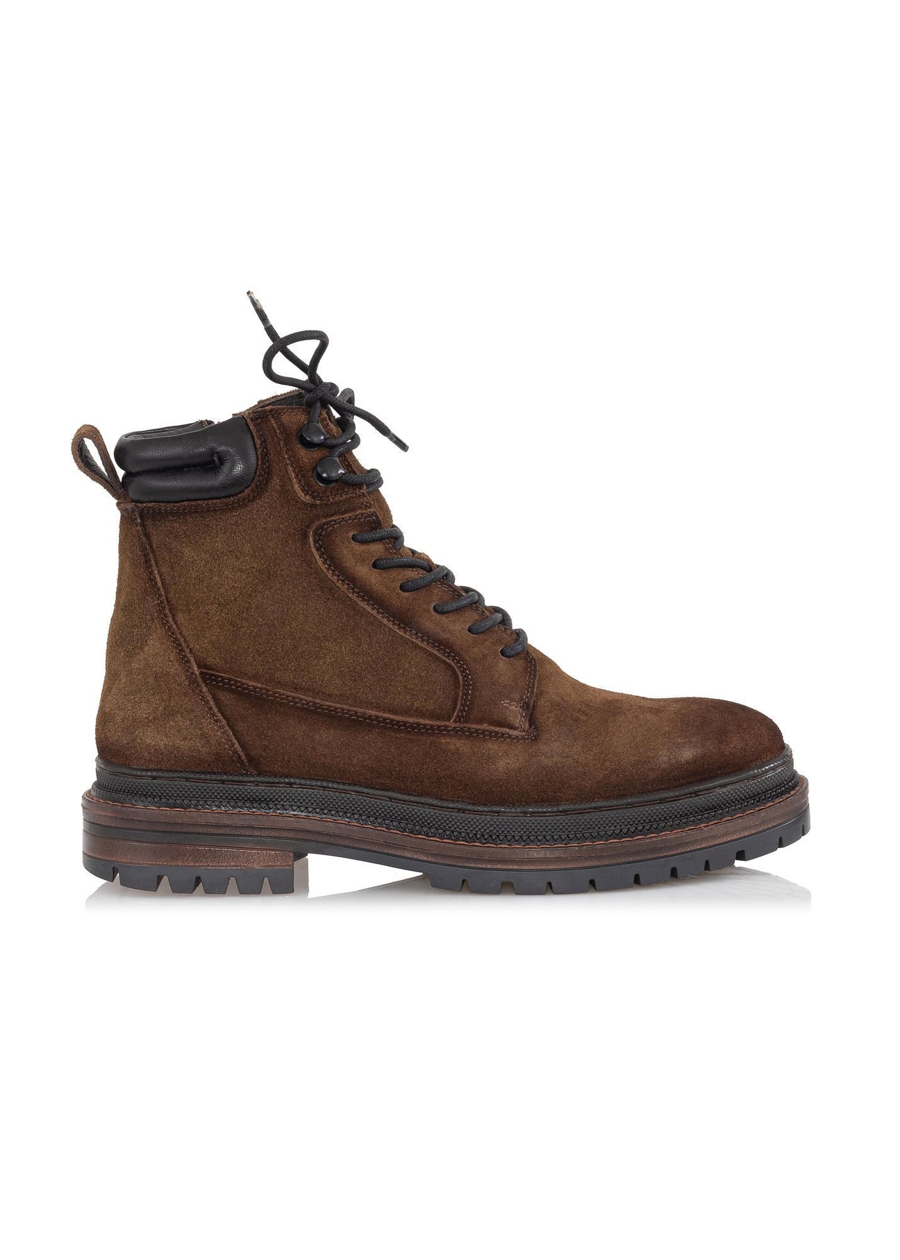 Brown leather men's ankle boots BUTYM-0423B-1I(Z26), side product view on white background.