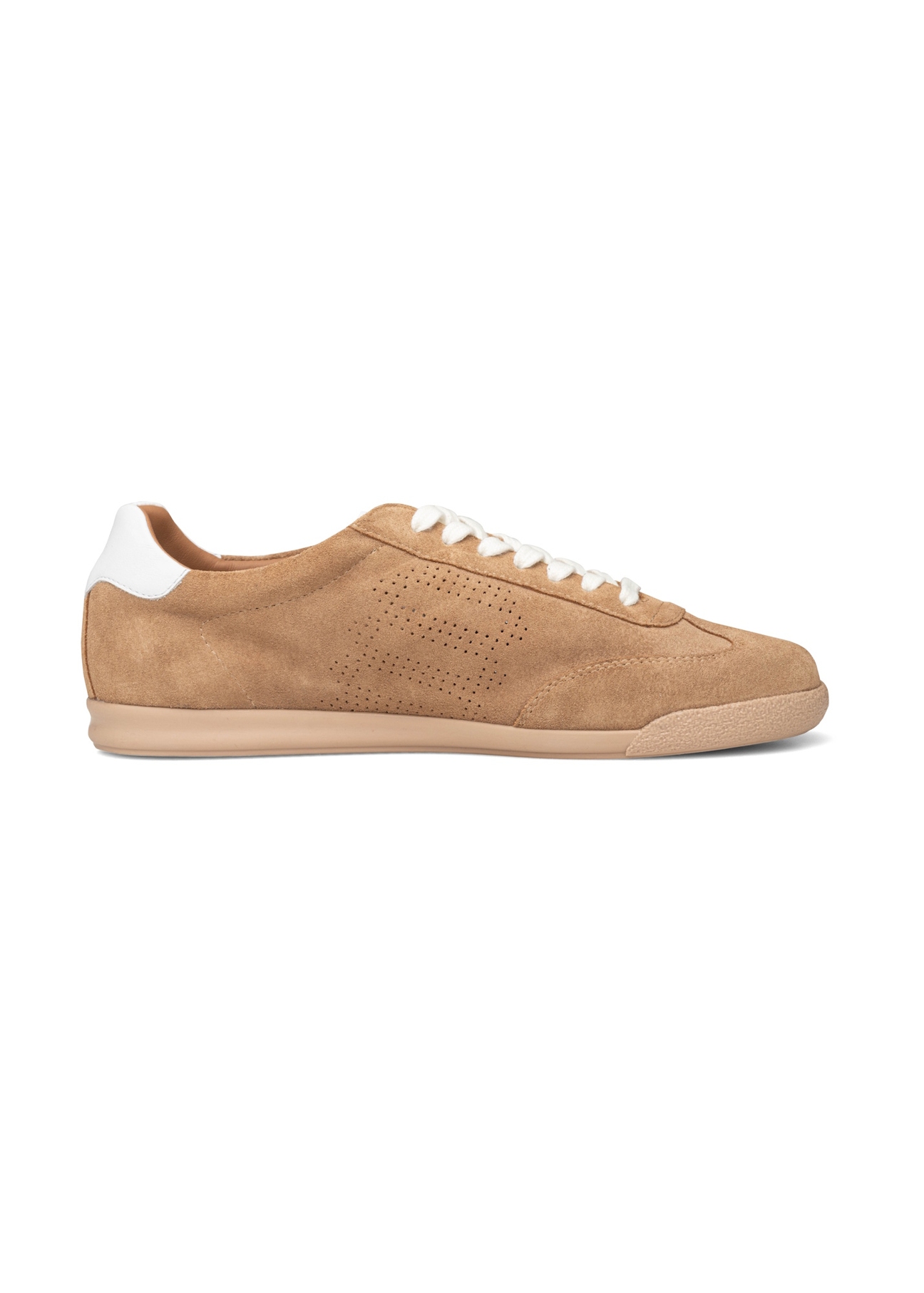 Beige leather sports shoes BUTYM-0534-1B(W26), side product view on white background.