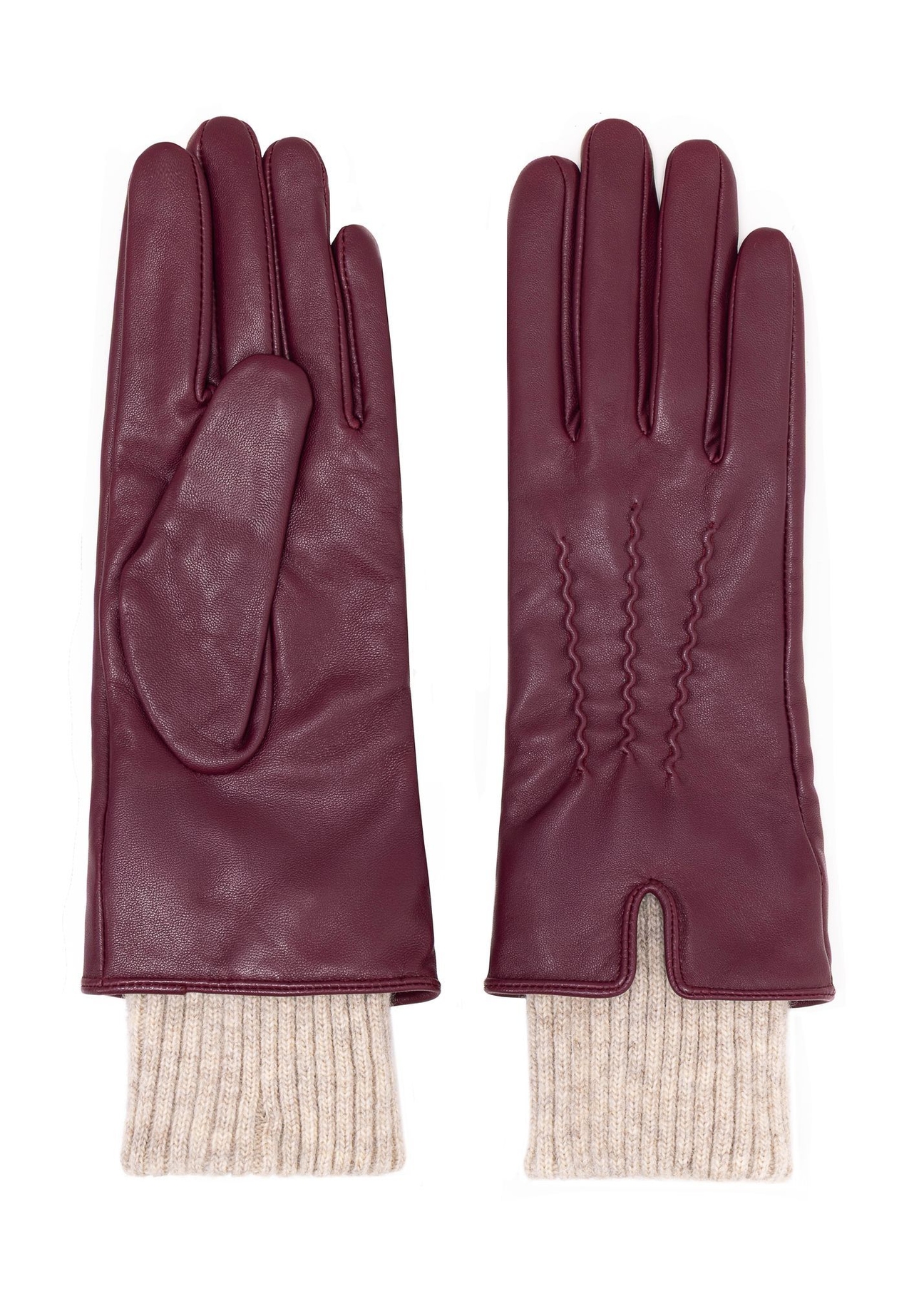 Burgundy leather insulated women's gloves REKDS-0098-4D(Z26) - front product view on white background.