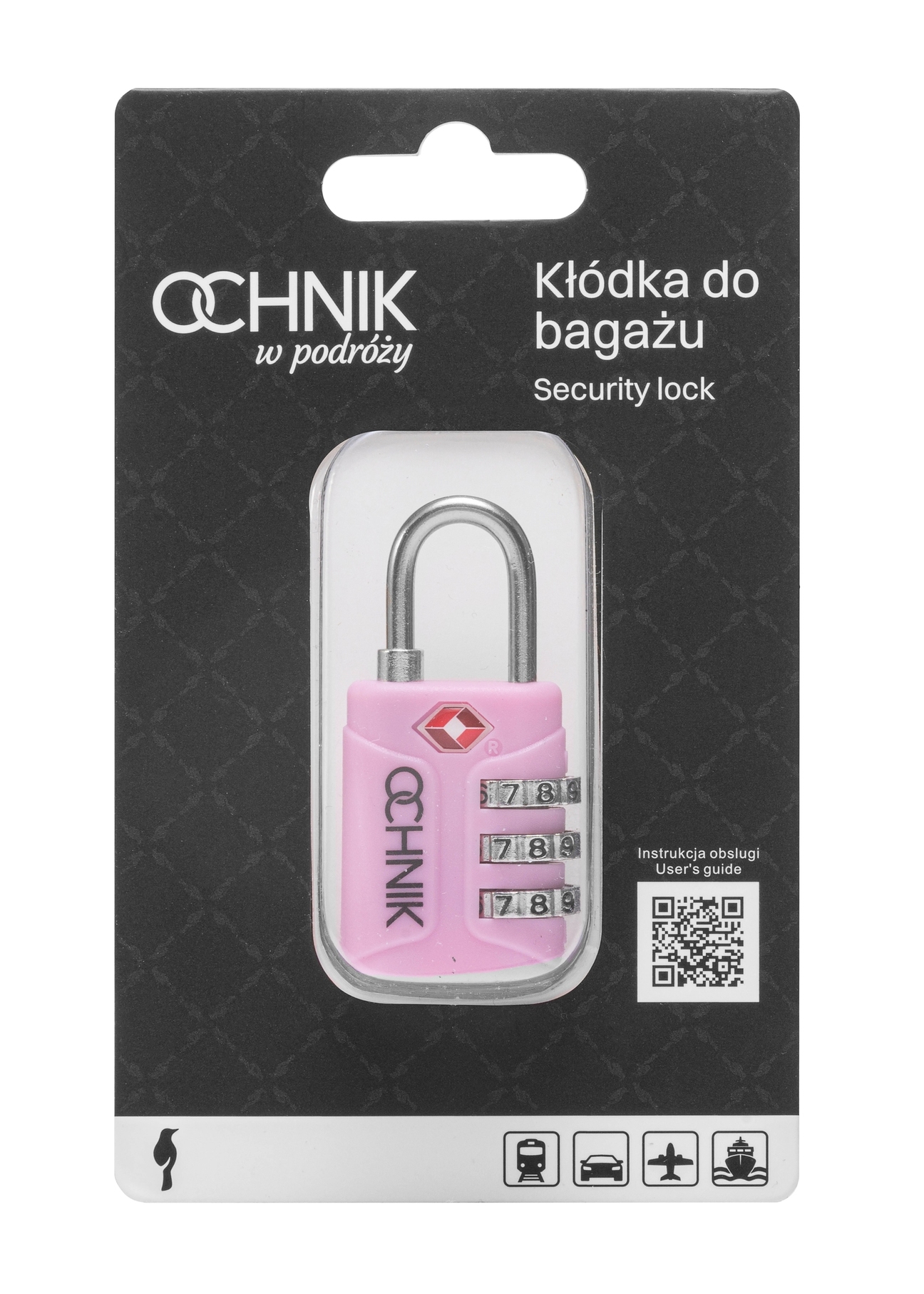 Pink TSA combination padlock AW-015-0003-34(W25), view of the product in the packaging on a white background.
