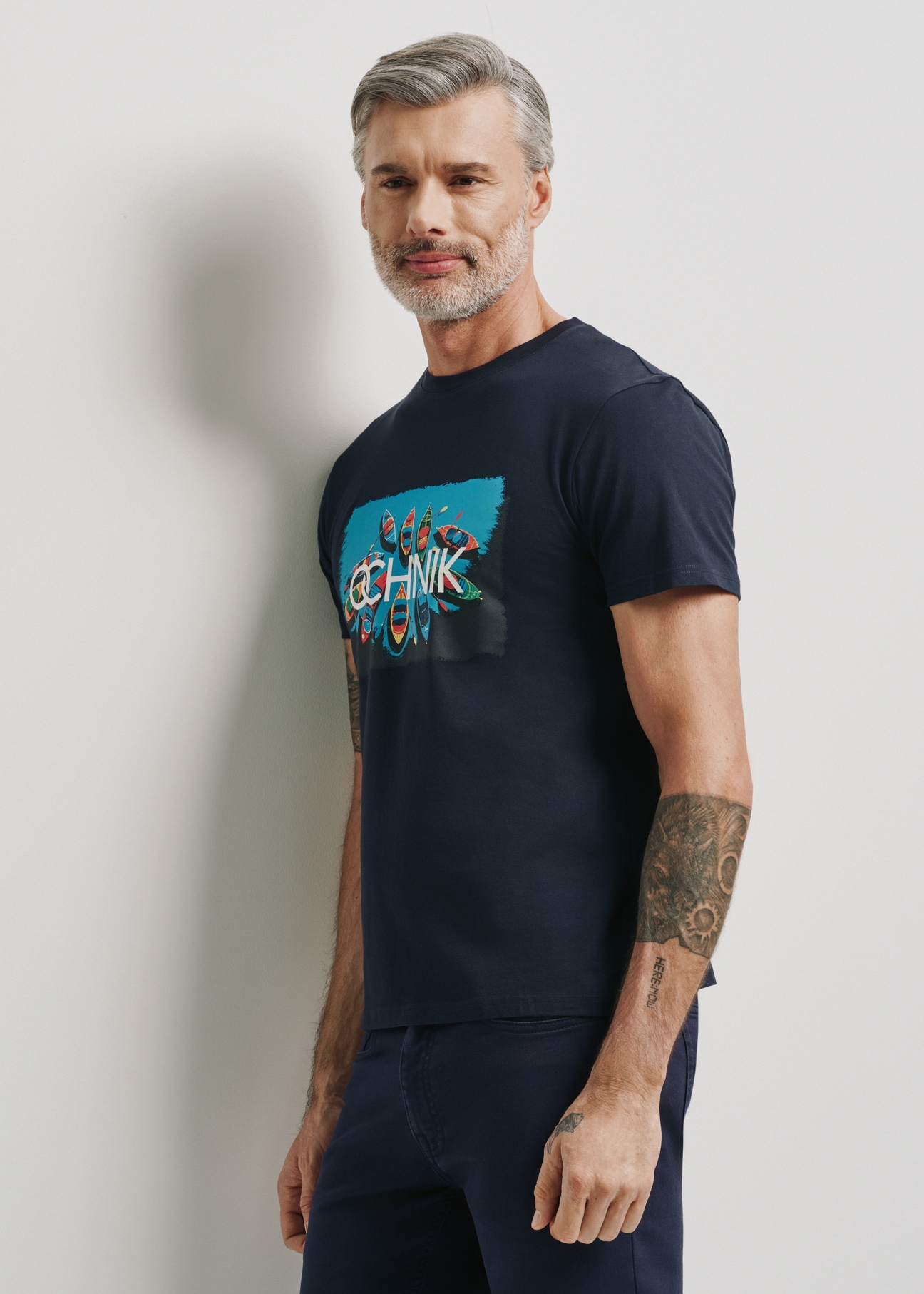 Navy blue T-shirt with colorful print for men TSHMT-0105-69(W24)-01