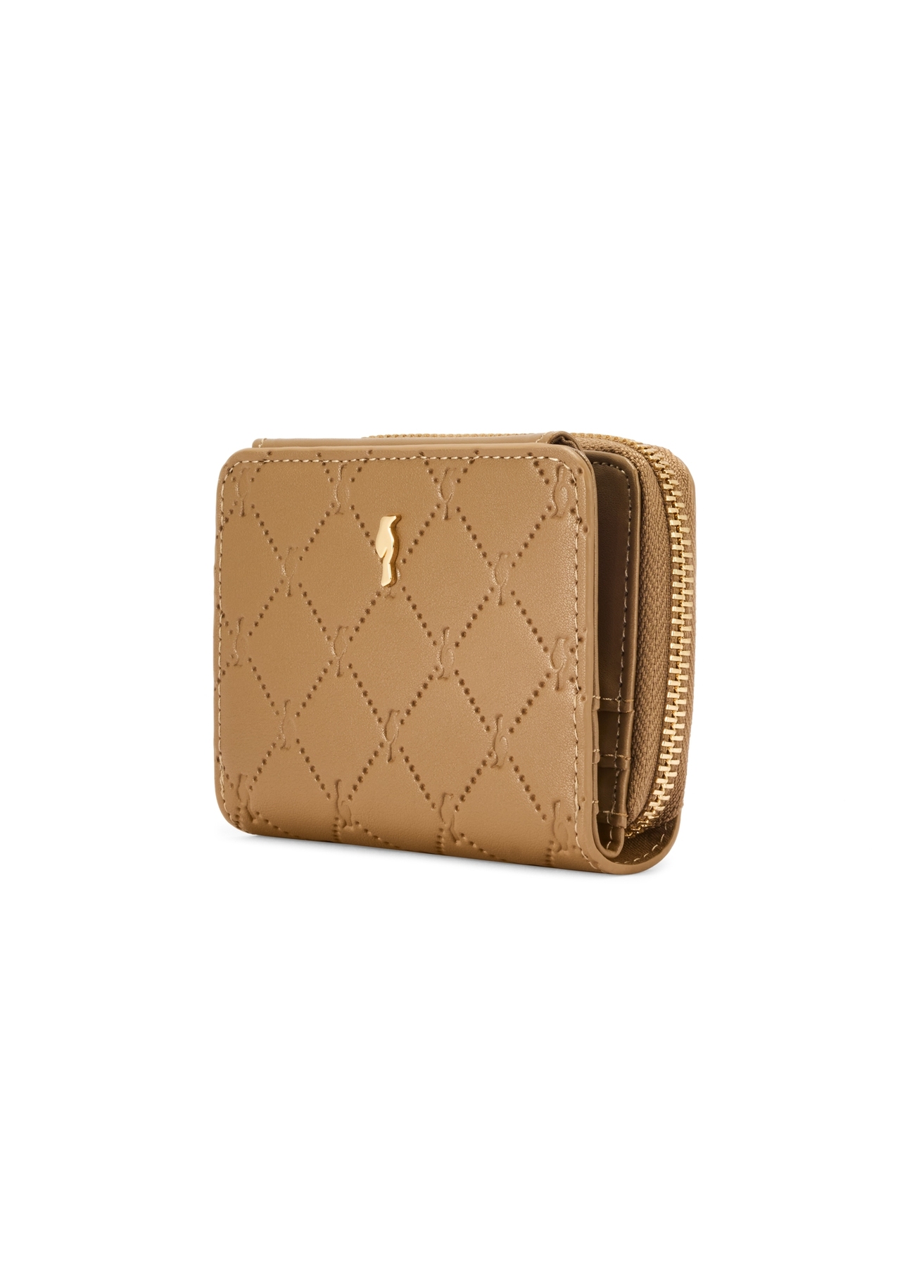 Small beige women's wallet with monogram POREC-0349A-81(Z25), diagonal product view on white background.