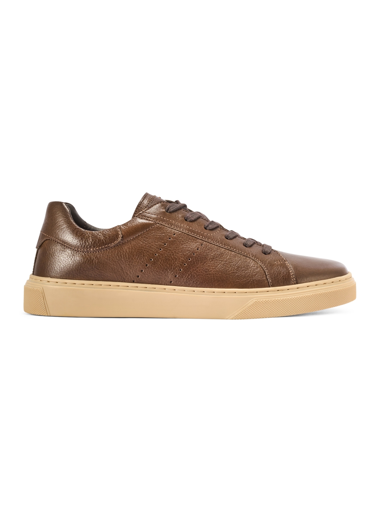 Dark brown men's leather sneakers BUTYM-0486-1I(W26) - side view of the product, on a white background.