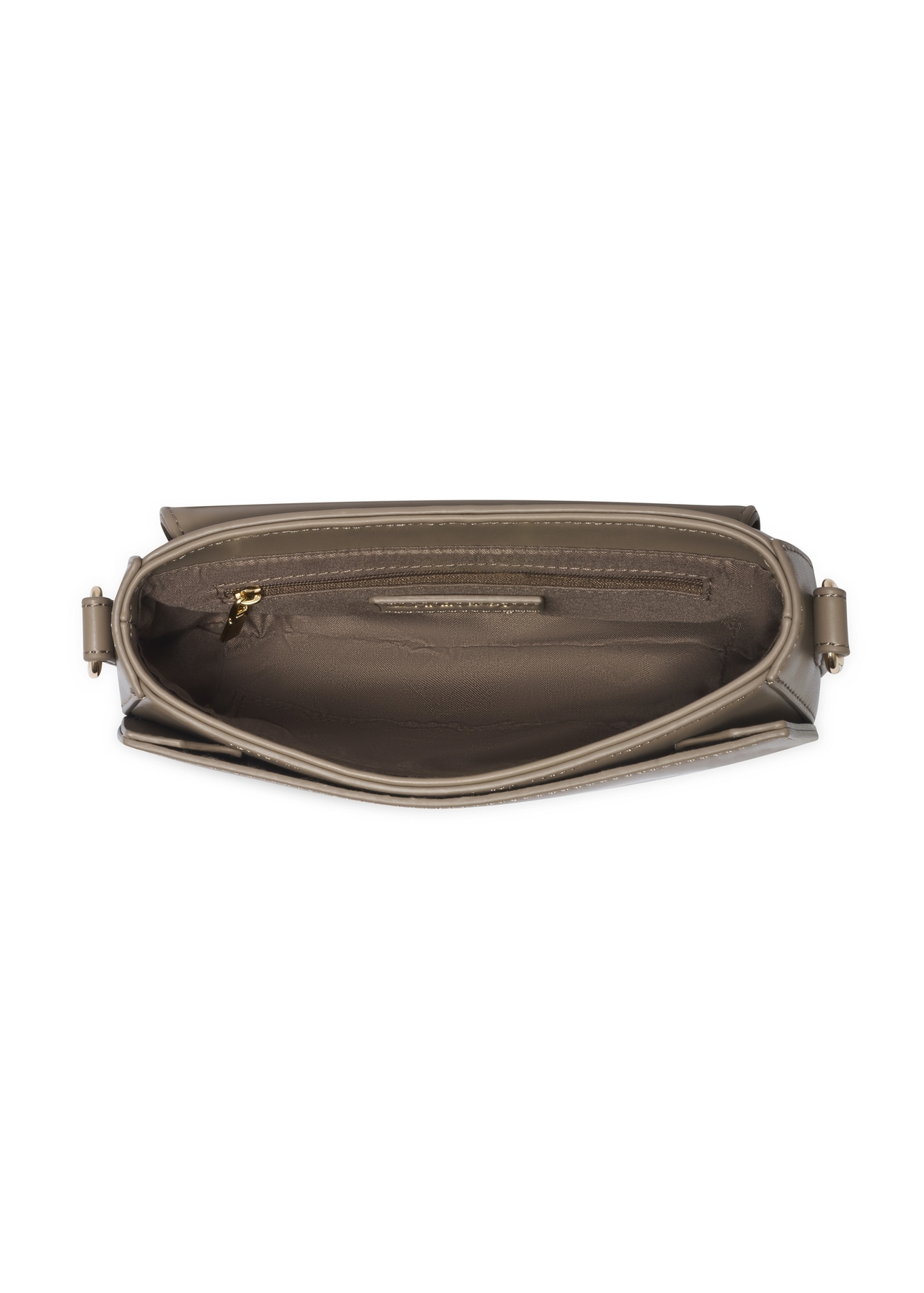 Small women's handbag in cool beige TOREC-1264-1K(Z26). Top view, open, on a white background.
