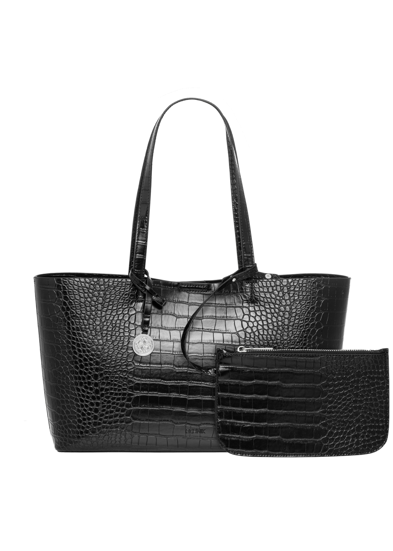 Black croco women's handbag TOREC-1258-9G(Z26), product view from the front with a detachable cosmetic bag on a white background.
