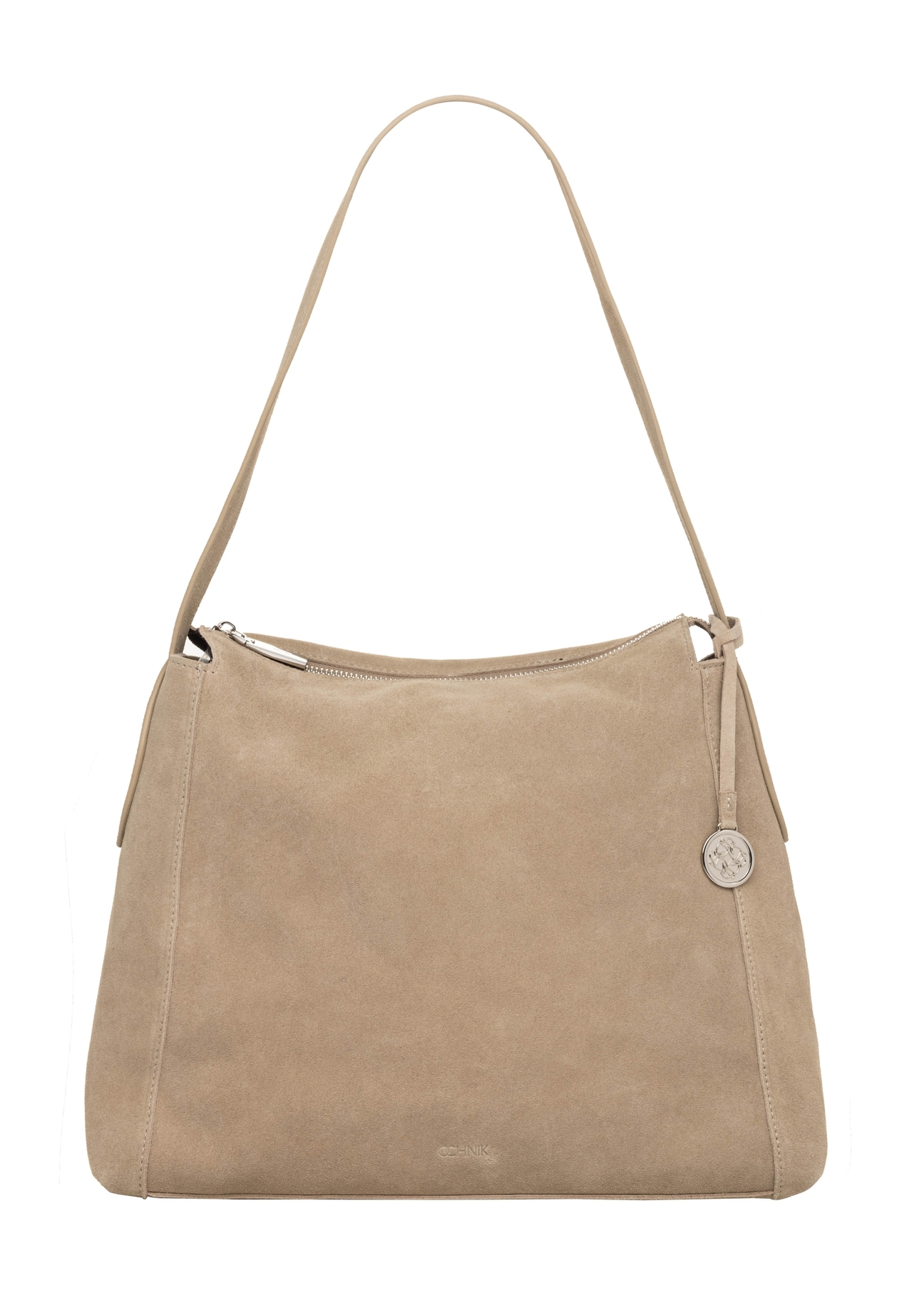 Cool beige suede shoulder bag TORES-1406-1K(Z26), front product view on white background.