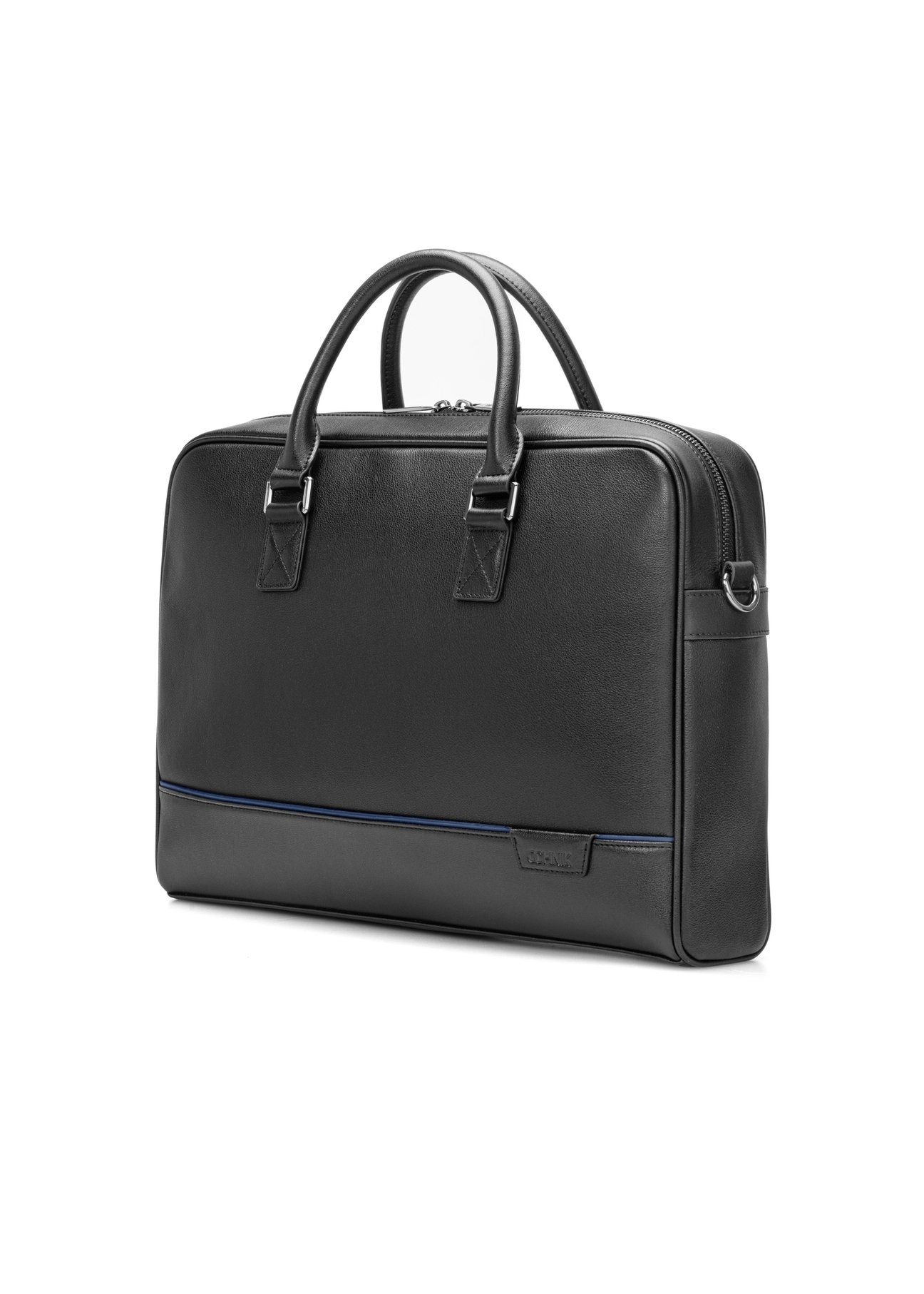 Black leather laptop bag TORMS-0494-99(W26) - diagonal product view, on white background.