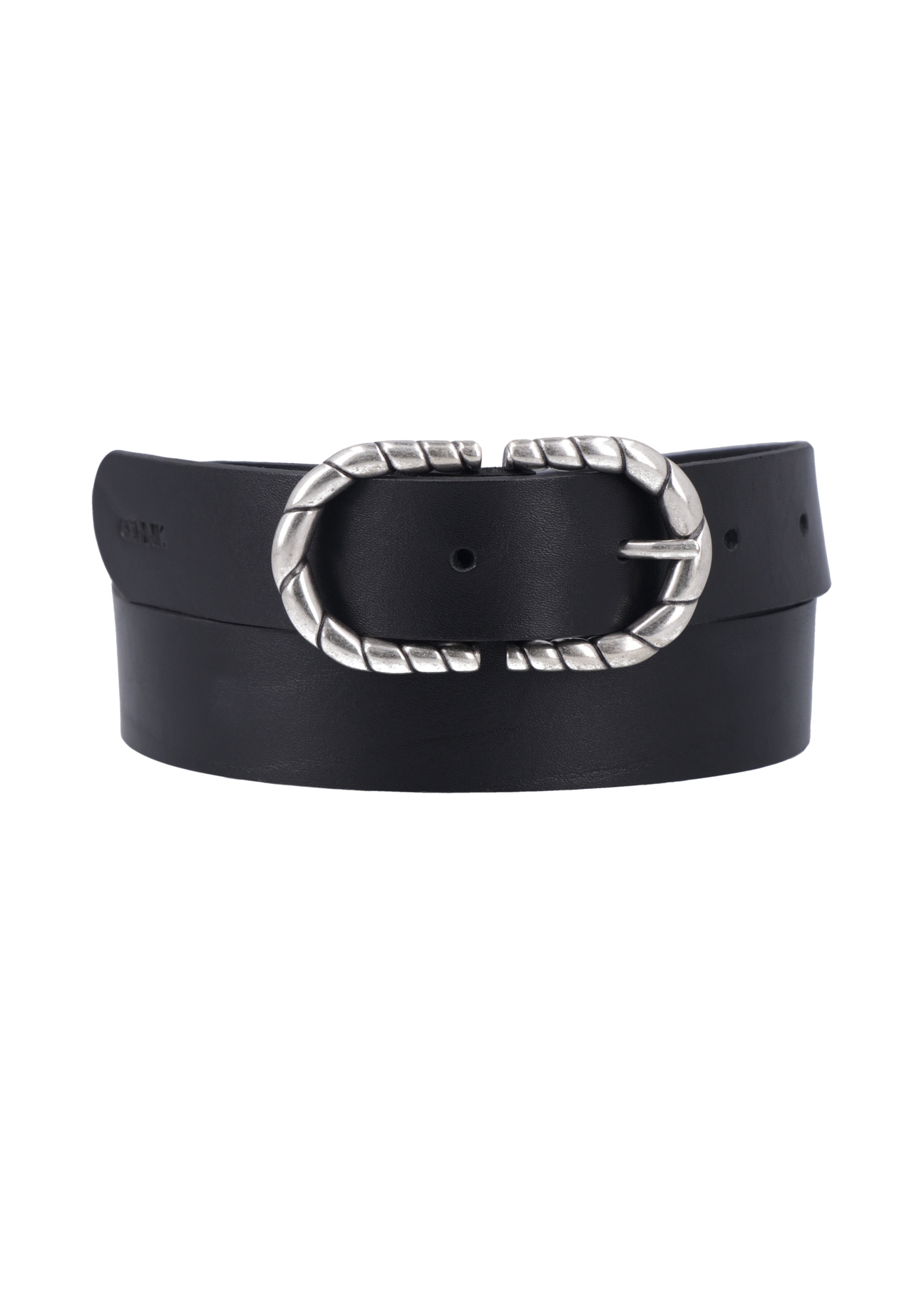 Black leather belt with decorative buckle PASDS-0354-99(Z26), front product view on white background.