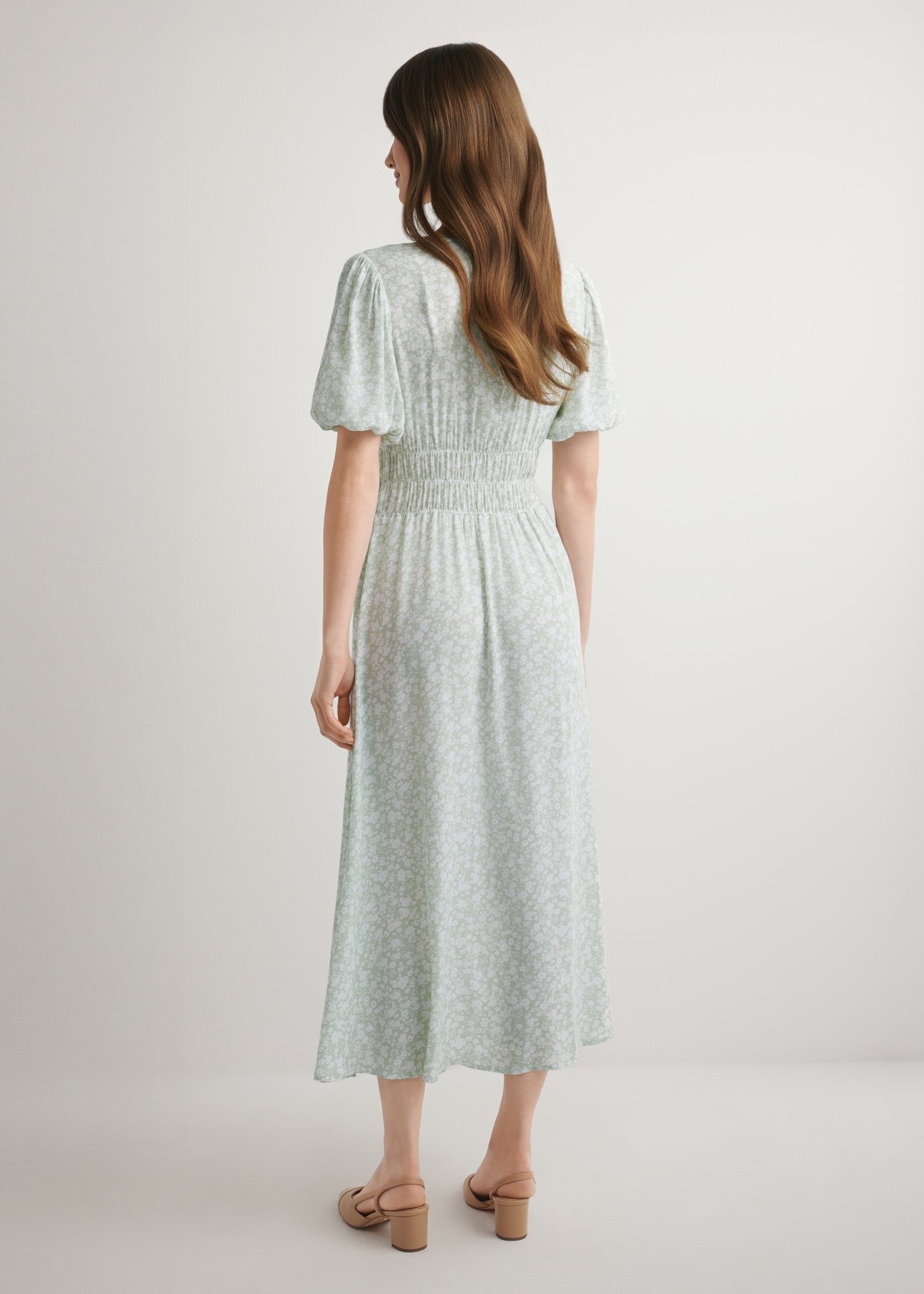 Sage floral long dress SUKDT-0191-8P(W26), back view of the product on the model. Full body visible.