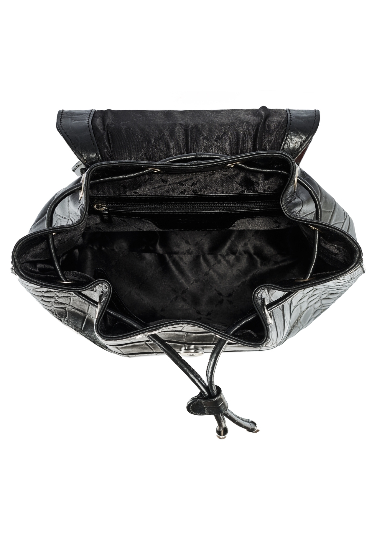 Black croco women's leather backpack TORES-1131-99(Z25), view from the inside of the product on a white background.
