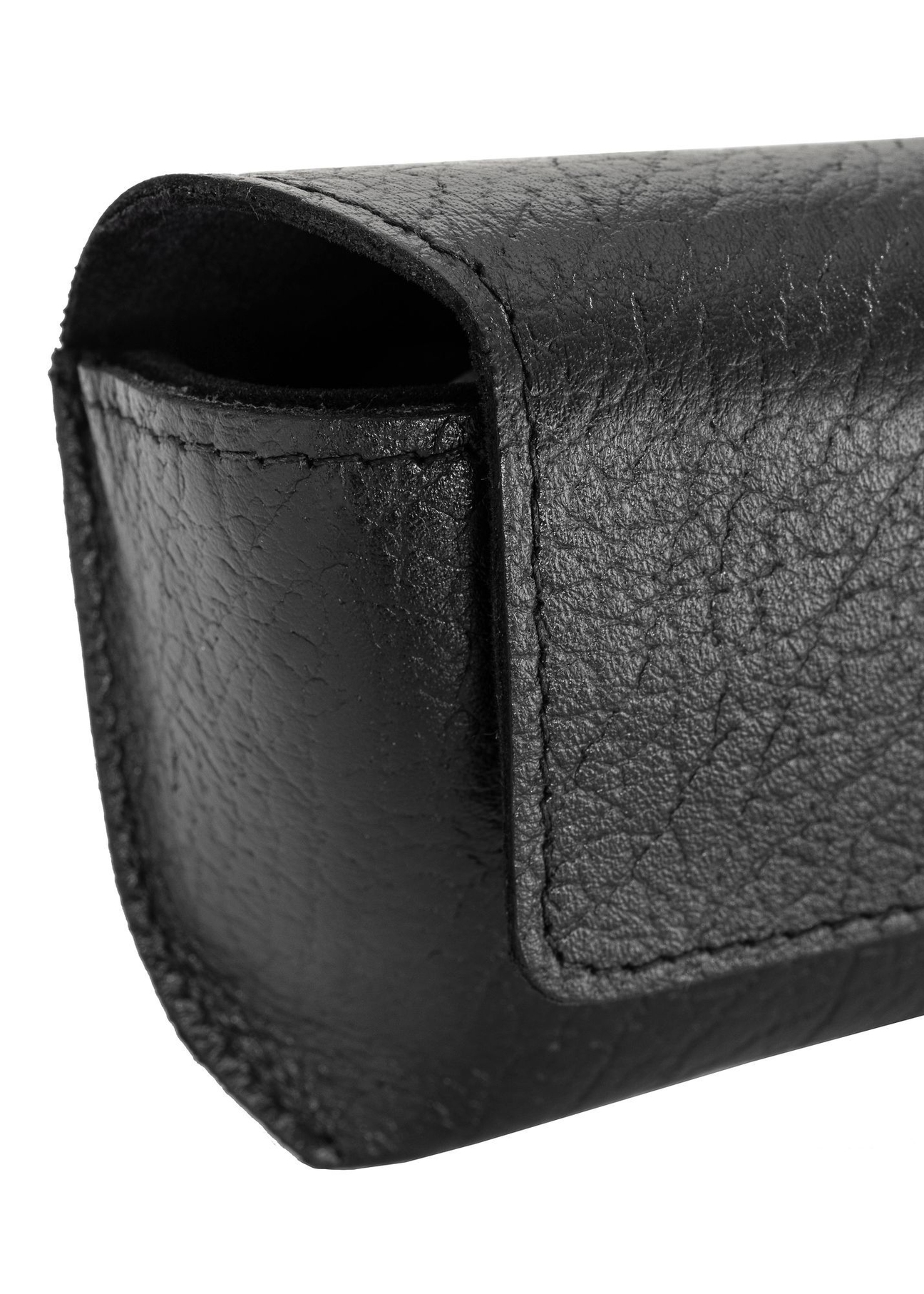 Black leather case PORMS-0539A-99(Z25) - close-up detail, on white background.