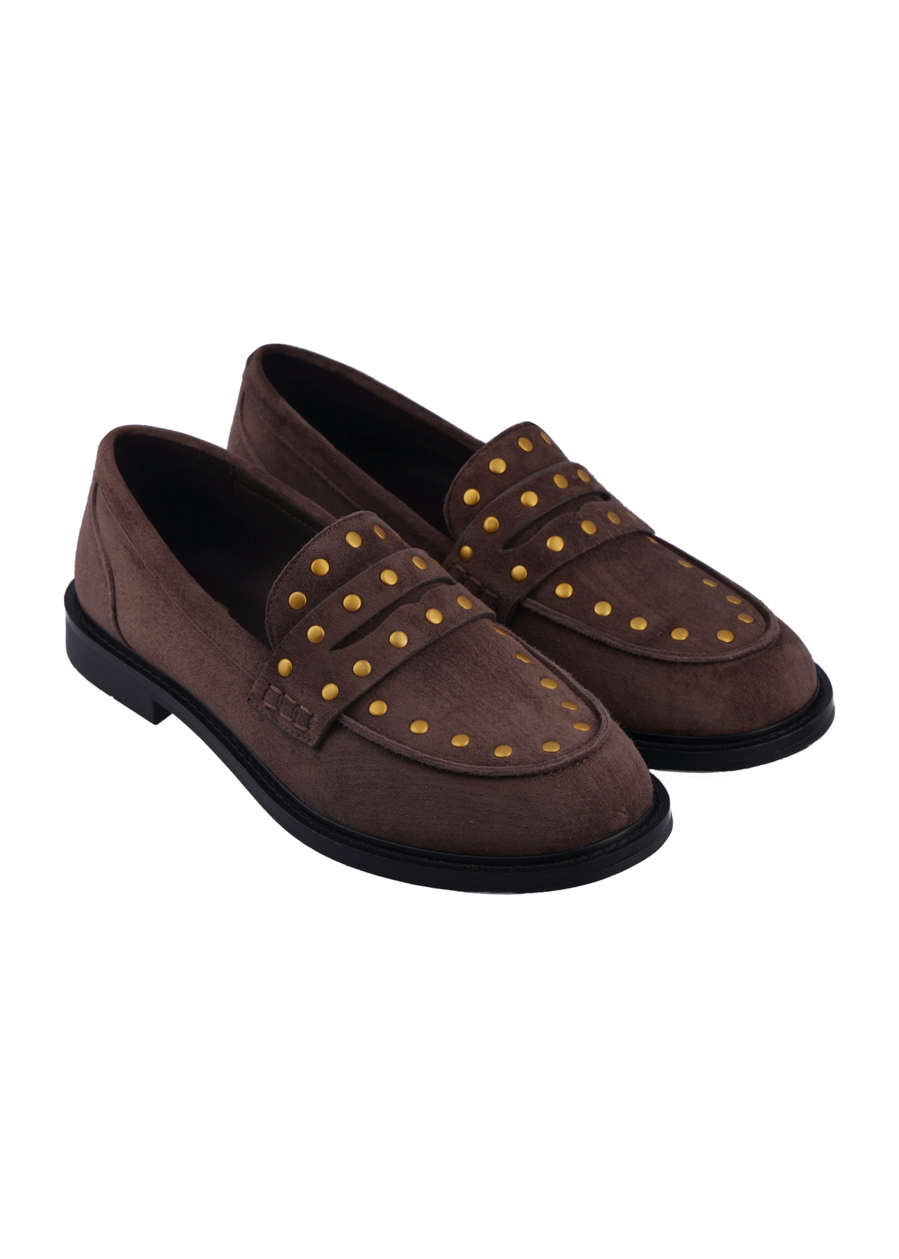 Dark brown suede women's moccasins BUTYD-1329-1I(Z26), diagonal product view on white background.