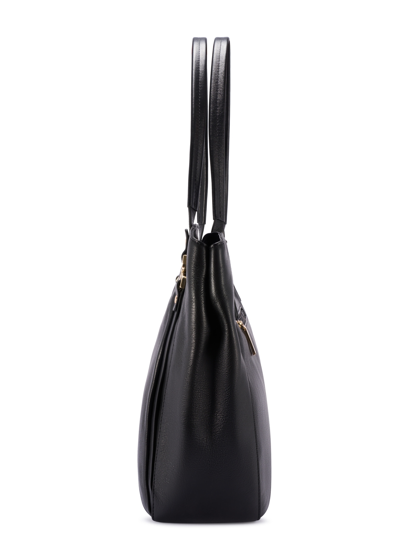 Black leather shopper bag TORES-1223-99(W26), side product view on white background.