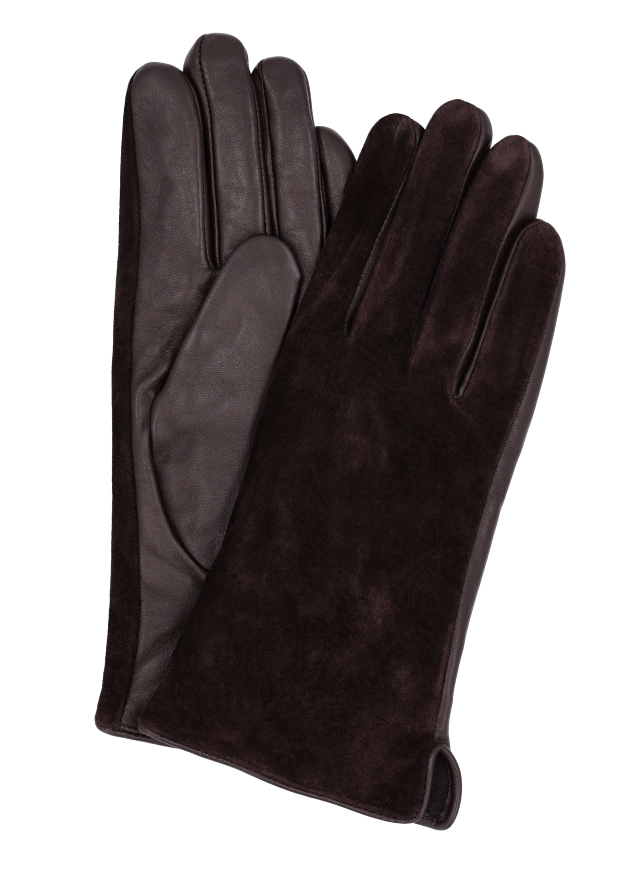 Women's brown suede gloves REKDS-0093-1I(Z26), front view on a white background.