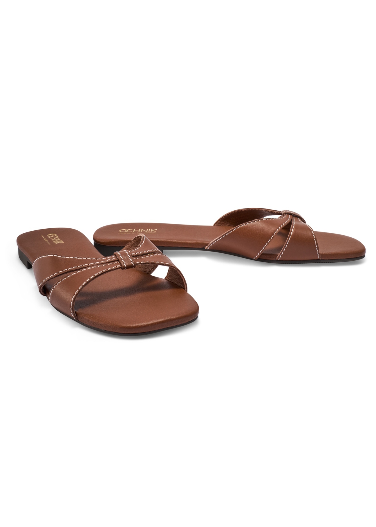 Camel leather women's flip-flops BUTYD-1227-1D(W26), diagonal product view on a white background.