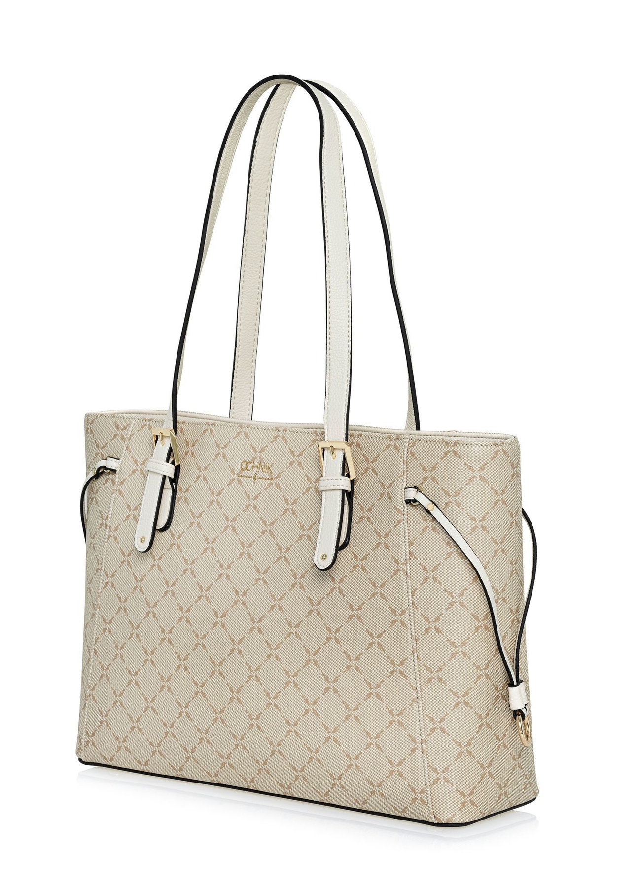 Cream shopper bag with monogram TOREC-1029-0P(W26) - diagonal view of the product on a white background.