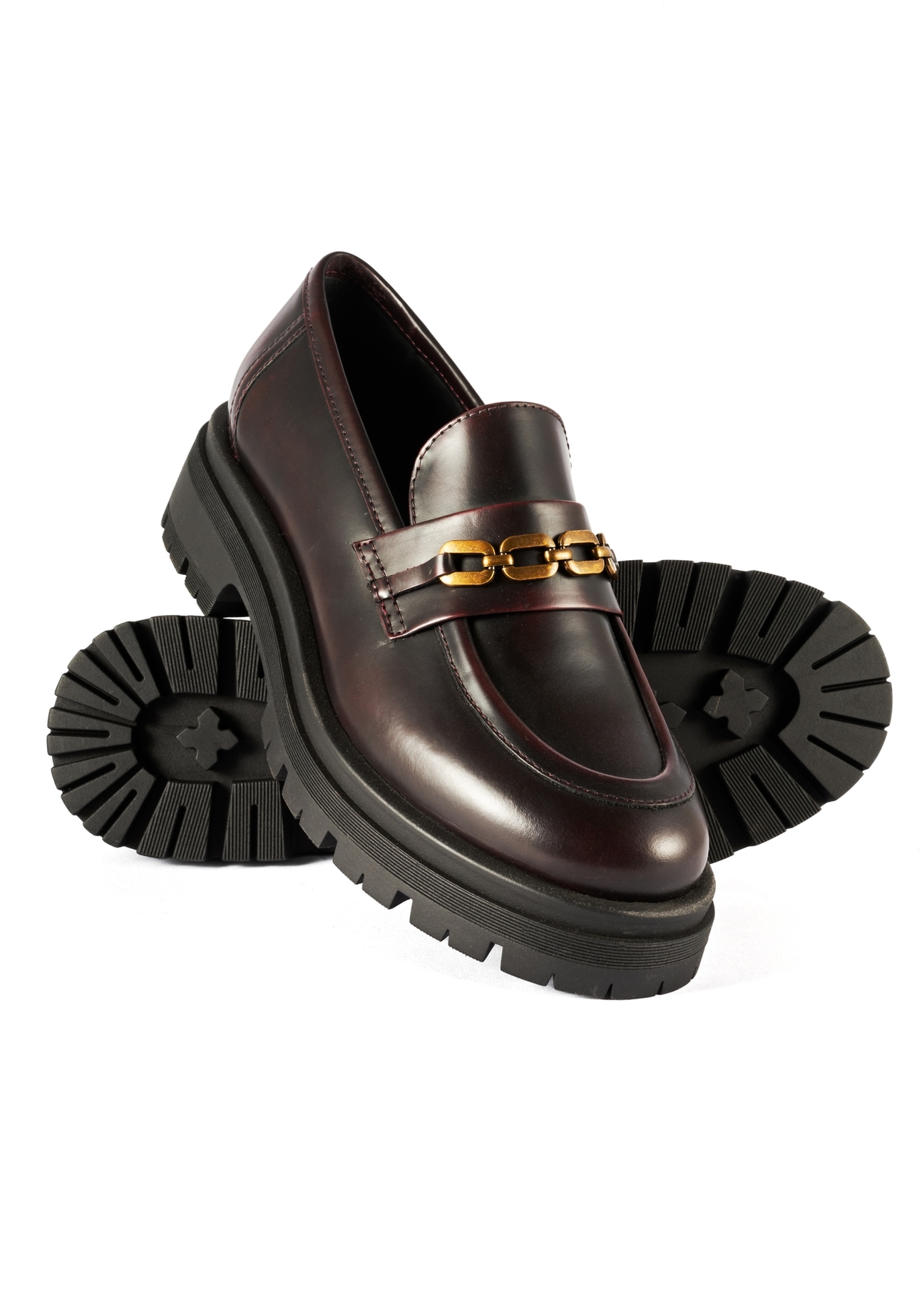 Women's burgundy leather moccasins BUTYD-1190-49(Z25), product view from the top and bottom on a white background.