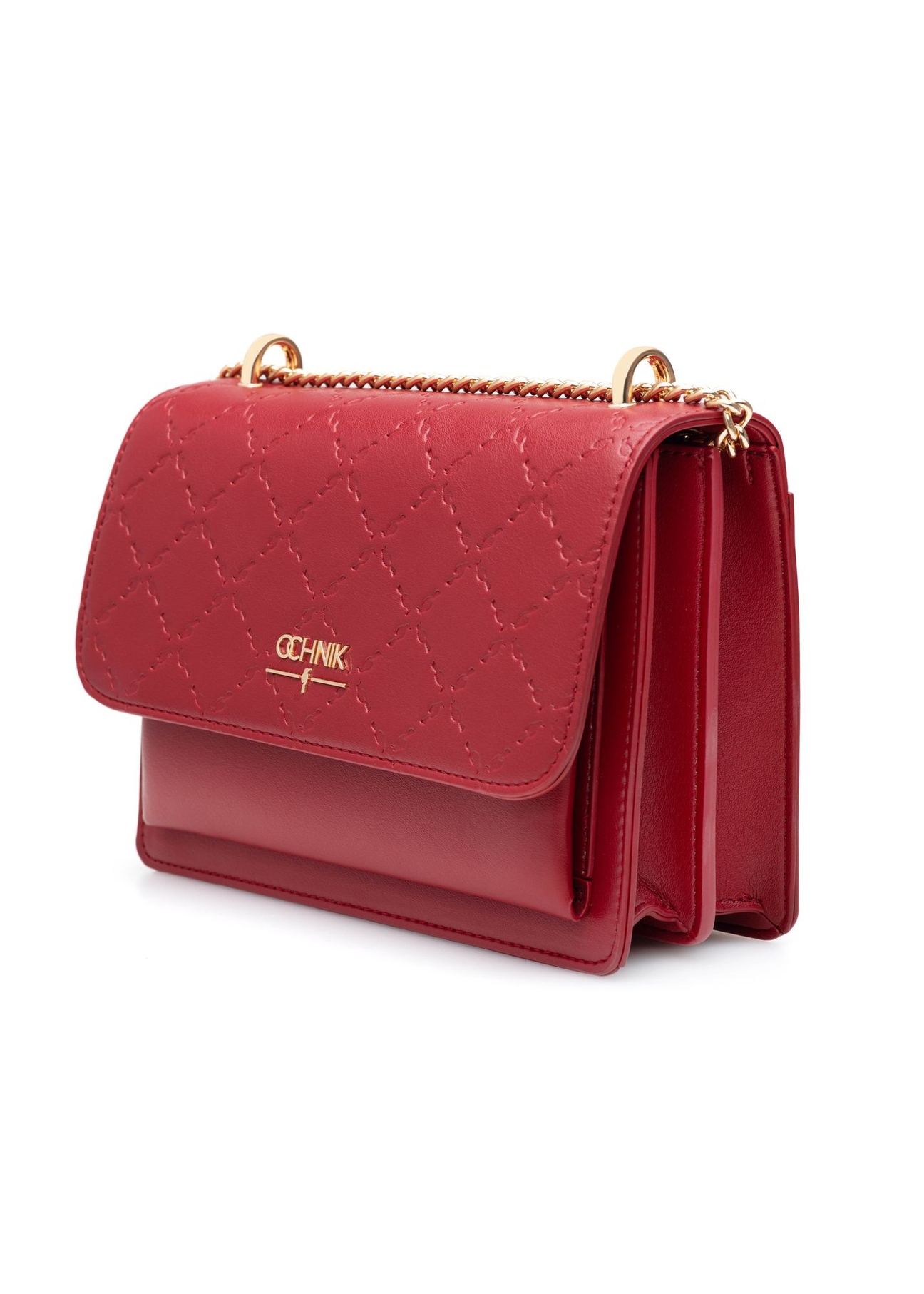 Red women's handbag with monogram TOREC-1155-4B(W26) - diagonal view of the product on a white background.