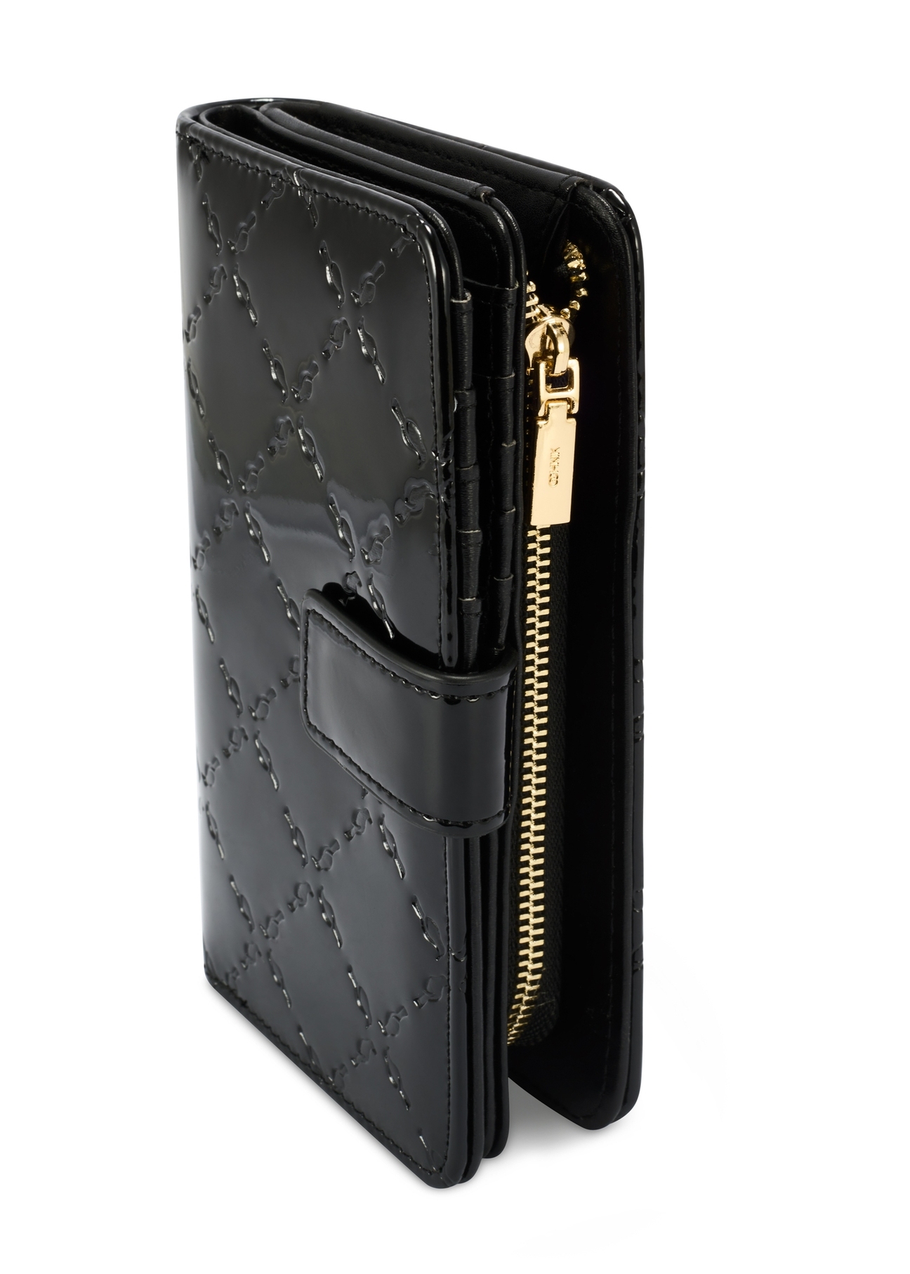 Black women's wallet with monogram POREC-0420-98(Z25) - side view of the product on a white background.